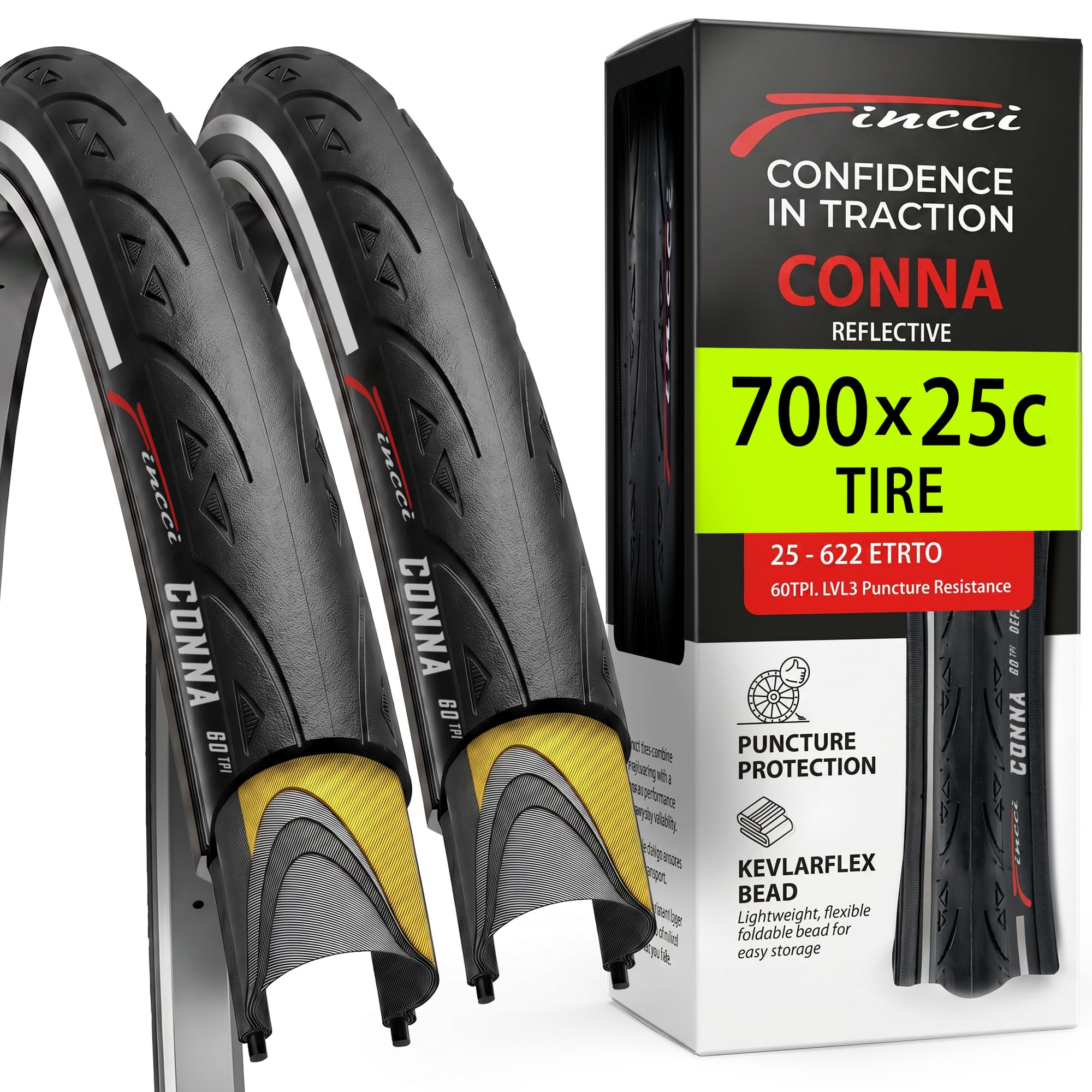 Fincci Copertone Bici 700x25c 25-622 Pieghevole con Banda Riflettente LVL3 | Copertoni Bici 700x25 con Protezione Antiforatura LVL3 e Pressione 85-115 PSI per Alte Prestazioni - Set da 2