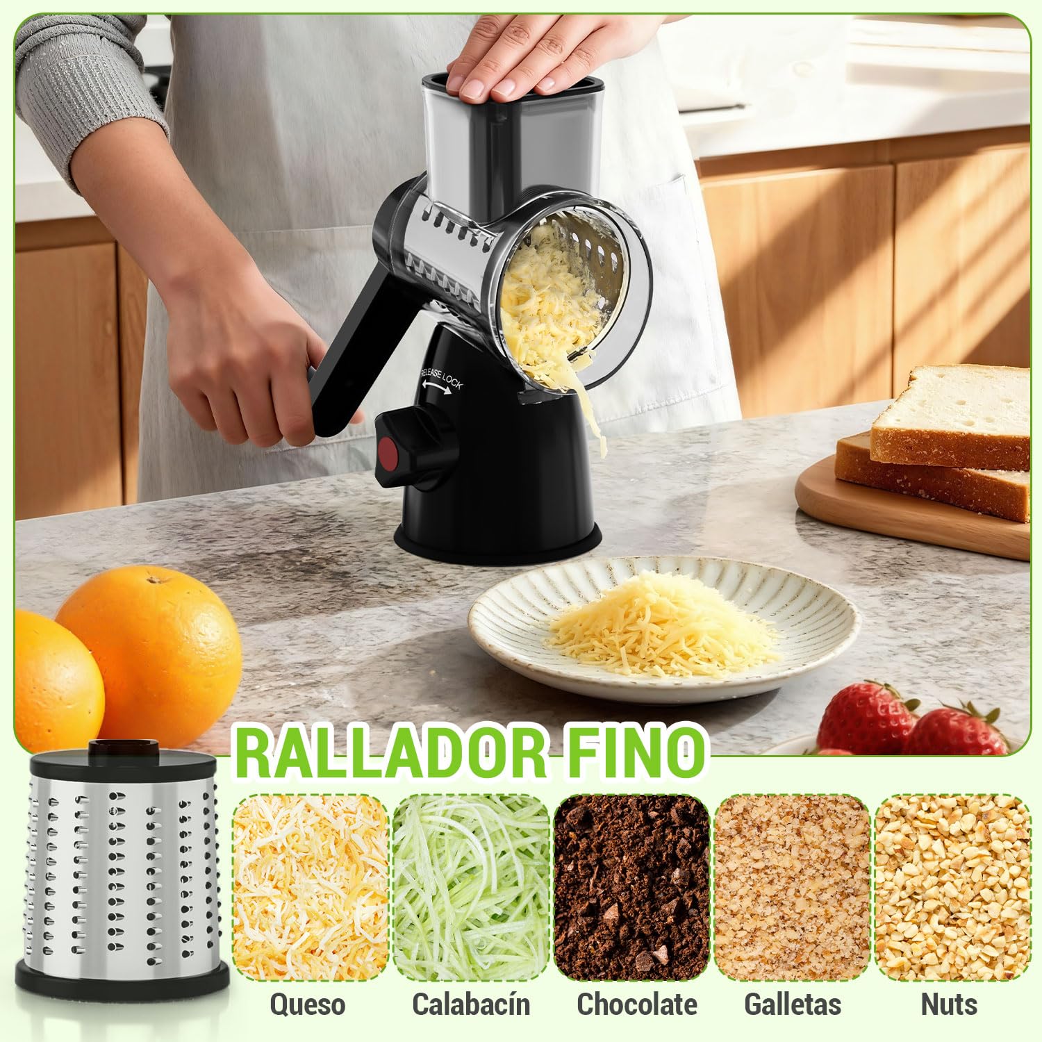 Rallador de Queso, Cortador de Verdura con 3 Cuchillas de Tambor Intercambiables, Rallador de Verduras Multifuncional, Mandolina de Cocina para Queso, Pepino, Zanahoria, Nueces