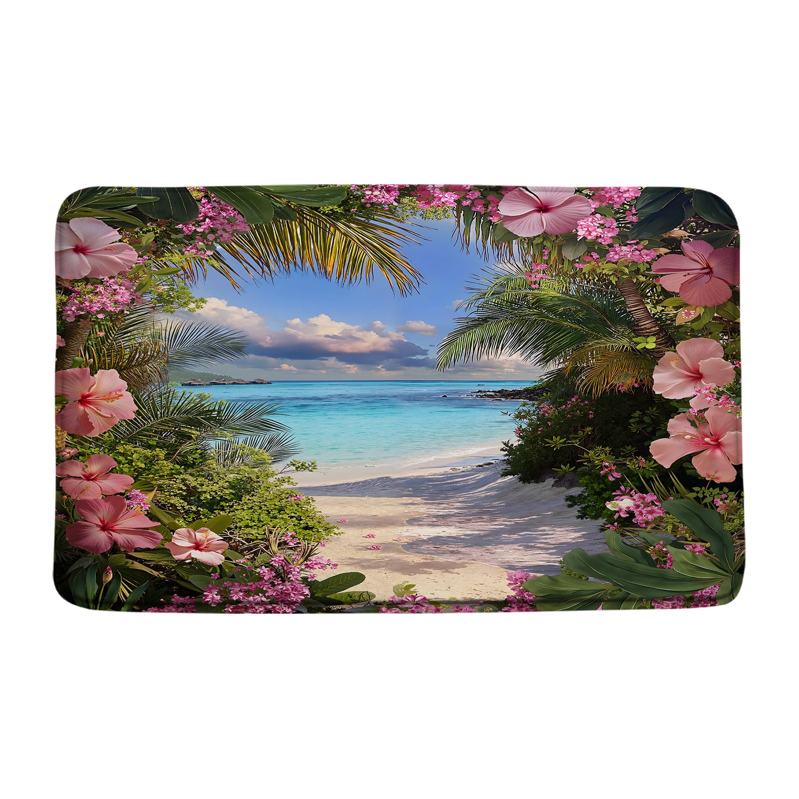 ZRUWUA Beach Ocean Bath Mat Palm Leaves Pink Flower Scenery Landscape Microfiber Memory Foam Bath Decor Mat 17.8"x29.5"