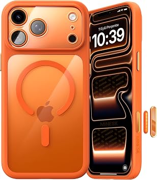 Minesk iPhone 17 Pro Max i in  zel Geli tirilmi  Kamera  er evesini de Koruyan, Arkas   effaf Polikarbonat Kenarlar  Silikon Magsafe ile Uyumlu K l f Ak ll  Tasar m Kapak Turuncu, 17 Pro Max