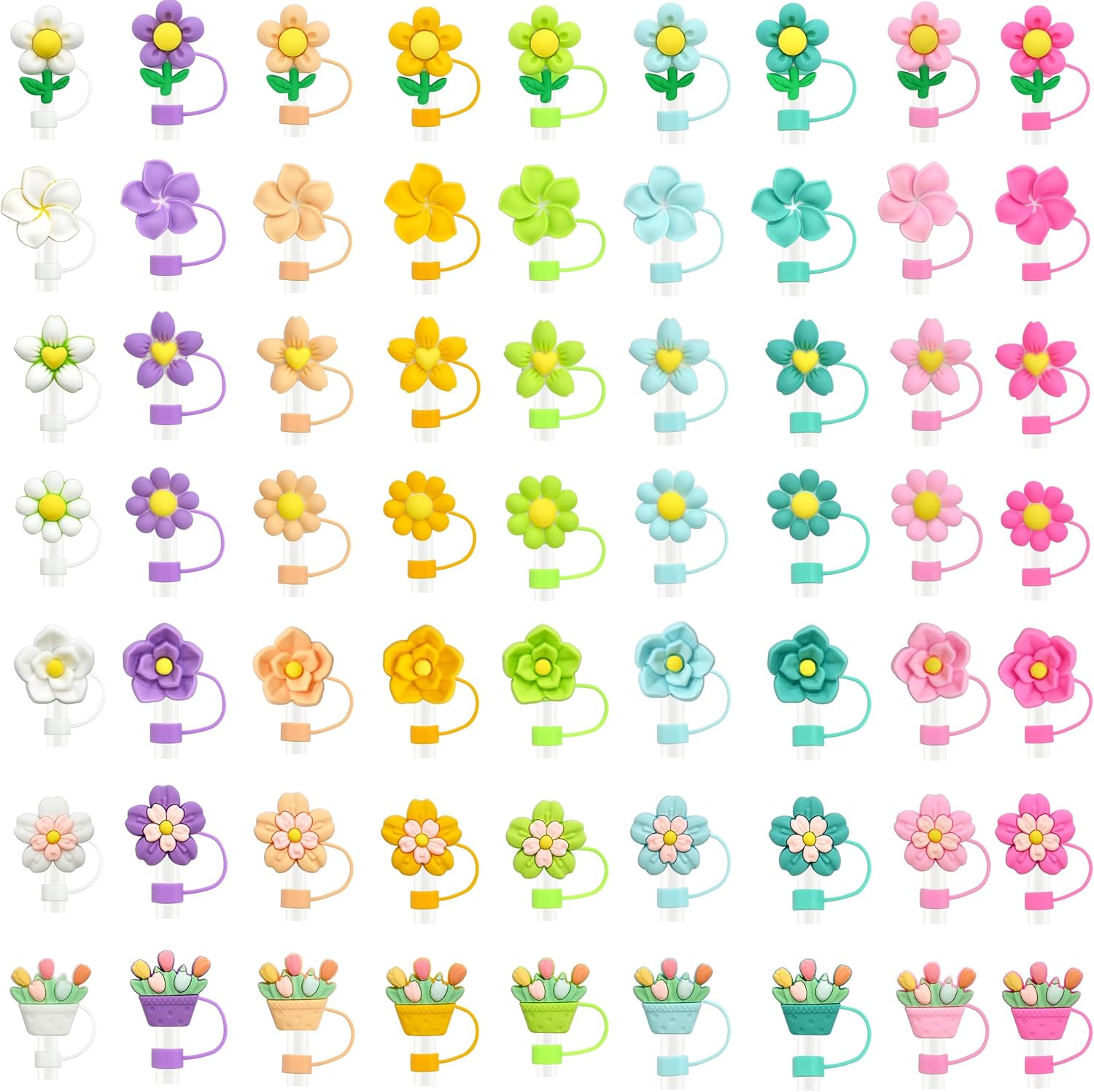 63PCS Flower Colorful Straw Cover Cap for Stanley Cup 40oz Cute Tumbler Straw Toppers Bulk Reusable PVC Cute 3D Straws Accessories,fit 0.35-0.4in/10mm Straws Protector Dust-Proof for Party gifts - Image 7