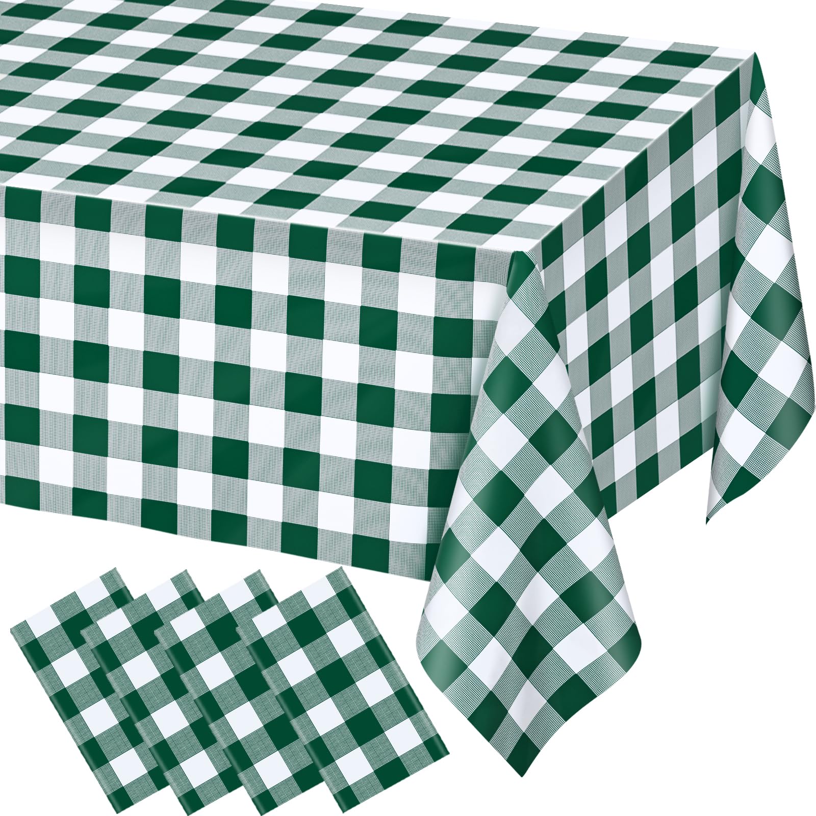 WNINK 4 Pack Green and White Checkered Rectangular Plastic Tablecloths, Green Gingham Waterproof Disposable Table Covers 54" x 108" for Birthday, Wedding, Outdoor Picnic Camping Parties