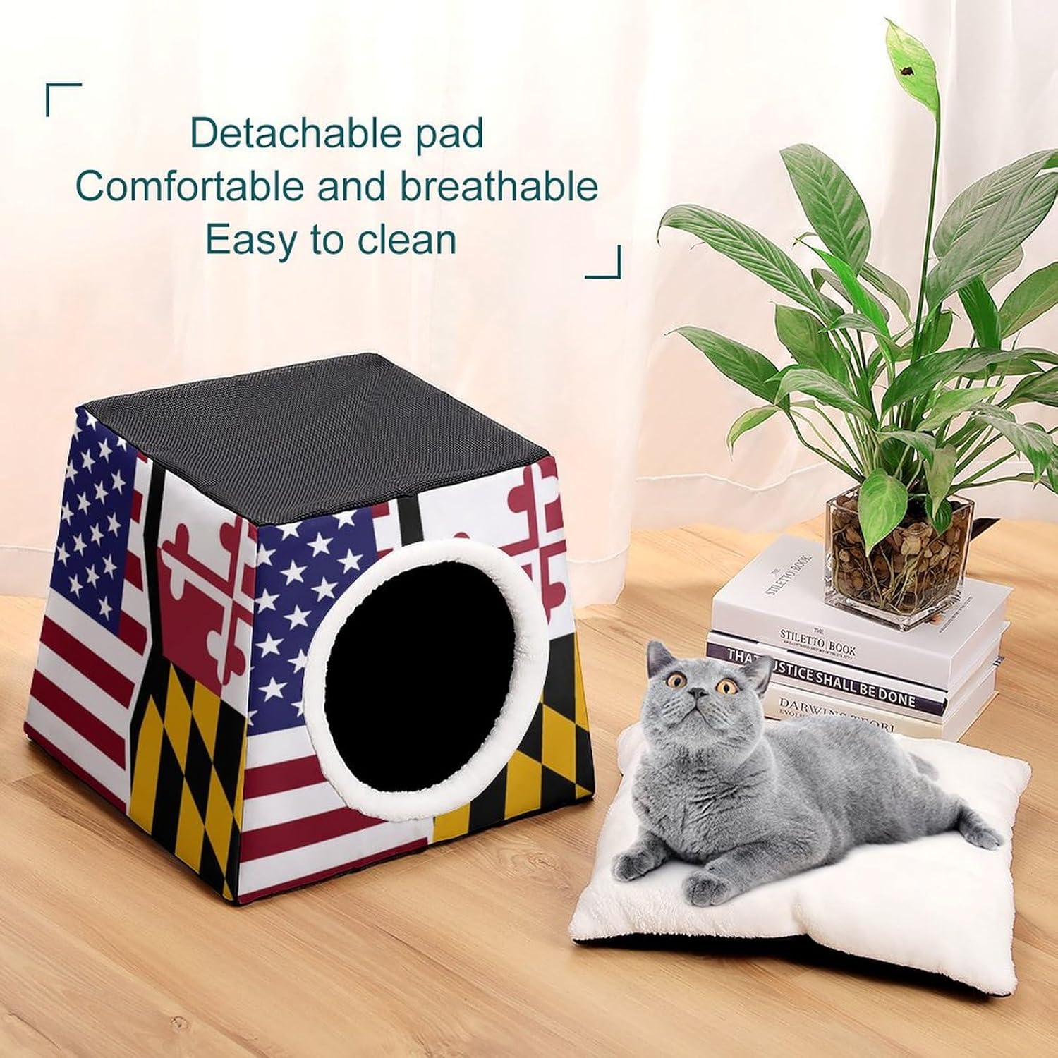 Generic US and Maryland State Flag Cat House for Indoor with Spacious Cat Nest, style-6-7