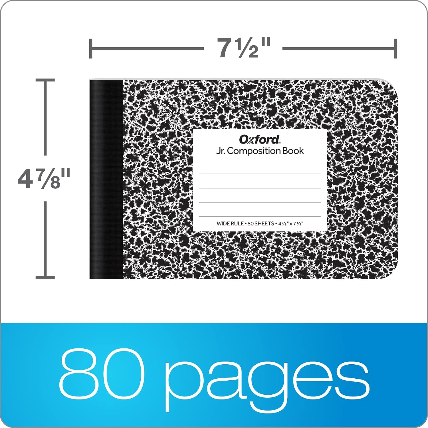 Oxford Jr. Composition Notebooks, Half Size, 4-7/8 x 7-1/2 Inches, Wide Ruled Paper, 80 Sheets, Black Marble Covers, 6 Pack (63773)