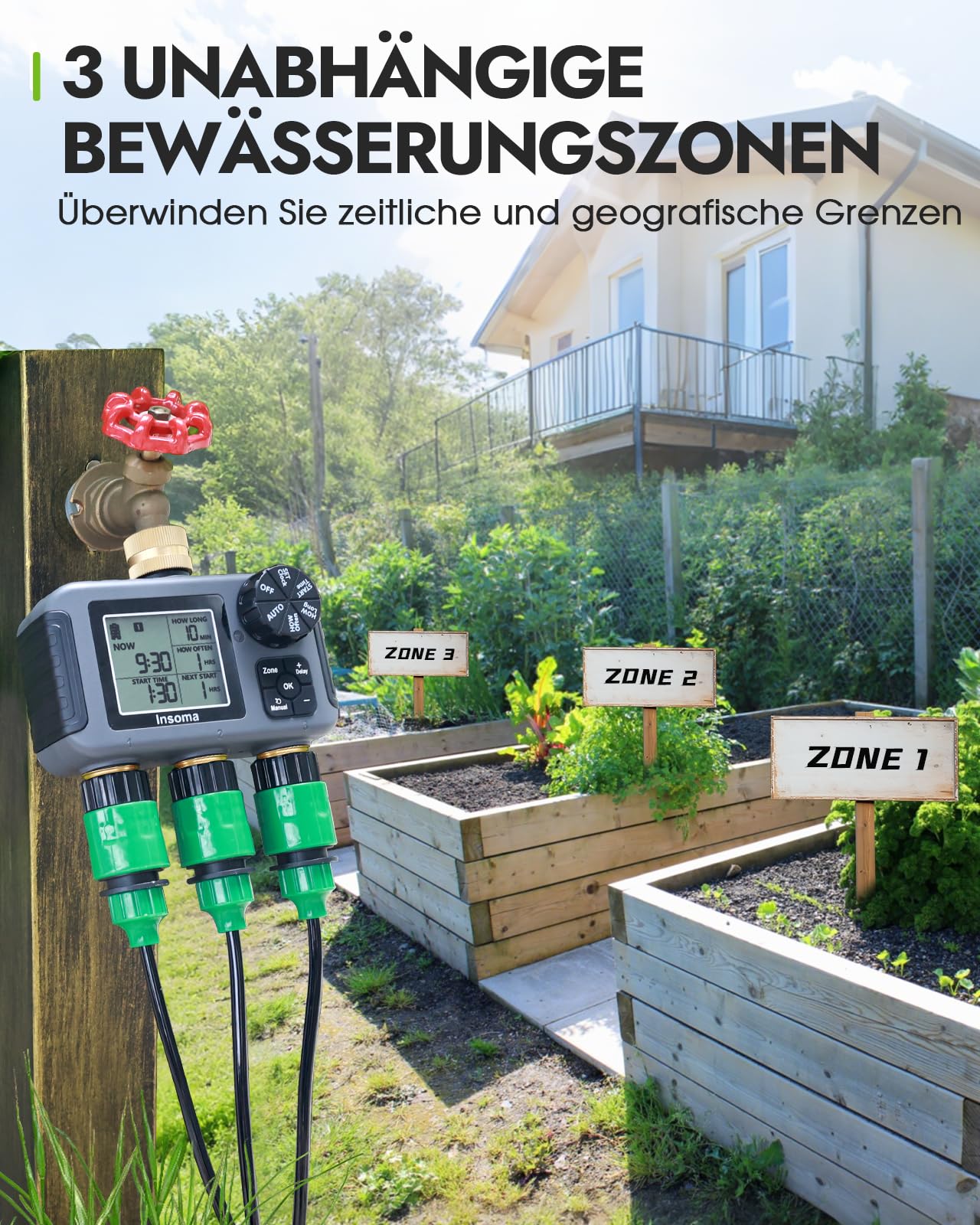 Insoma Orologio di irrigazione a 3 zone, ingresso e uscita in ottone + IPX5 impermeabile, irrigazione automatica/manuale, ritardo della pioggia e grande display, timer per rubinetto da giardino, prato