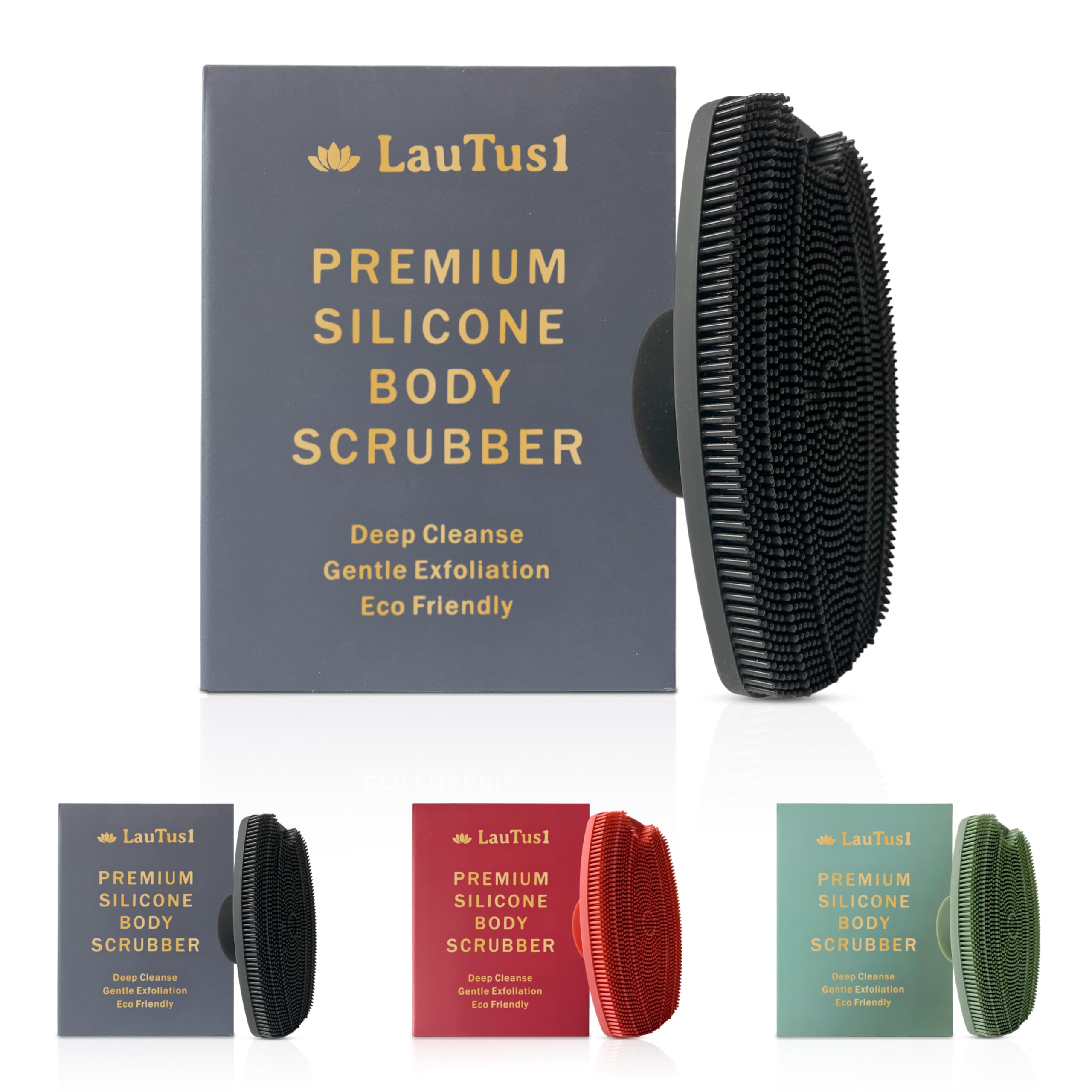 LauTus1 Silicone Shower Scrubber, Exfoliating Body Brush with Suction Handle & Hook, Soft Loofah for Men Women, Babies