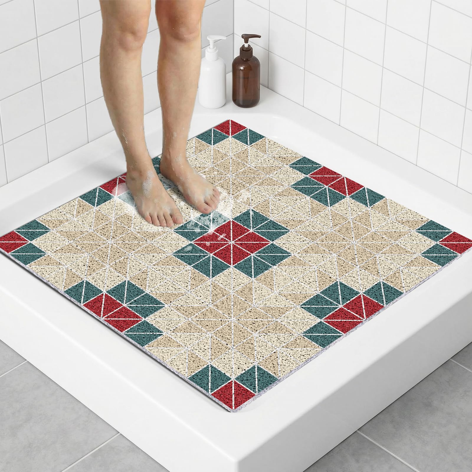 PVC Square Loofah Shower Mat Non Slip 70x70 CM, Anti Mould Quick Drying Bath Mat for Inside Shower, Anti Slip Shower Mats for Bathroom Floor, Shower Mats for Inside Shower, Red Geometry