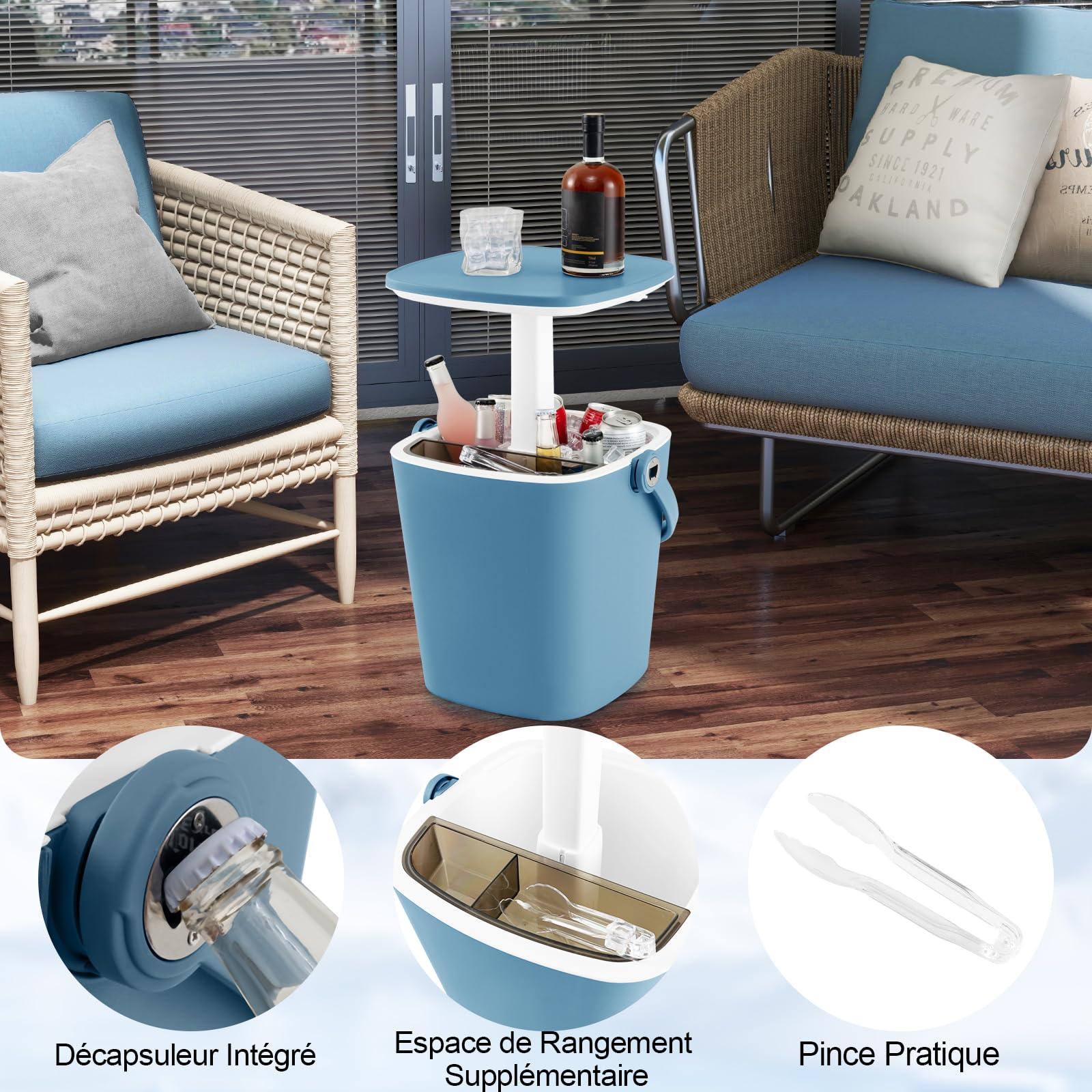 GOPLUS 3 en 1 Table Glacière Extérieur 15 L, Table d'Appoint Patio avec Couvercle Rétractable, Ouvre-Bouteille et Pince Glace, Bac Rangment 6H Froid pour Jardin,Charge 75KG,35 x 34 x 37/58 cm(Bleu)