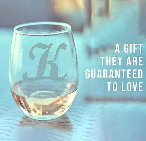 Miniatura 2 de Copa de vino grabada con monograma de 17 onzas sin tallo (letra K) A-Z Copas de vino personalizadas, regalos personalizados para mujeres, iniciales