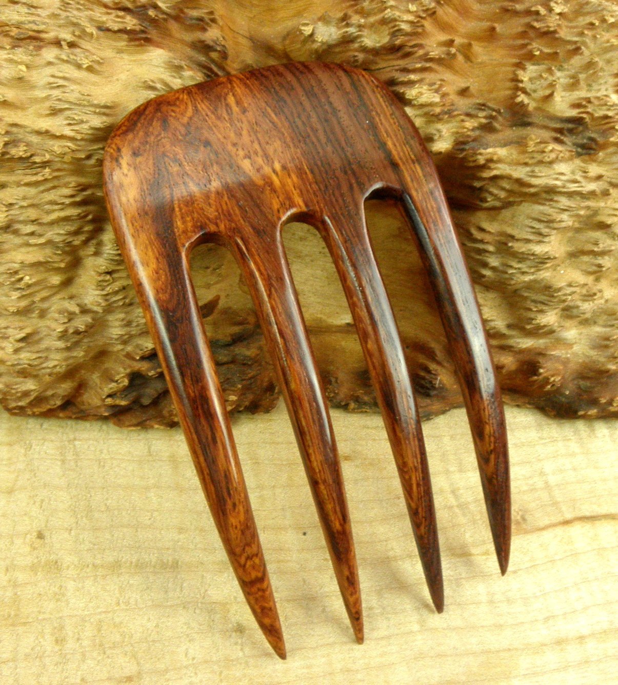 JWL (1) Laos Rosewood Four Prong Curved 5 Inch Hair Stick Pick Pic Pin Fork - Hawaiian Style