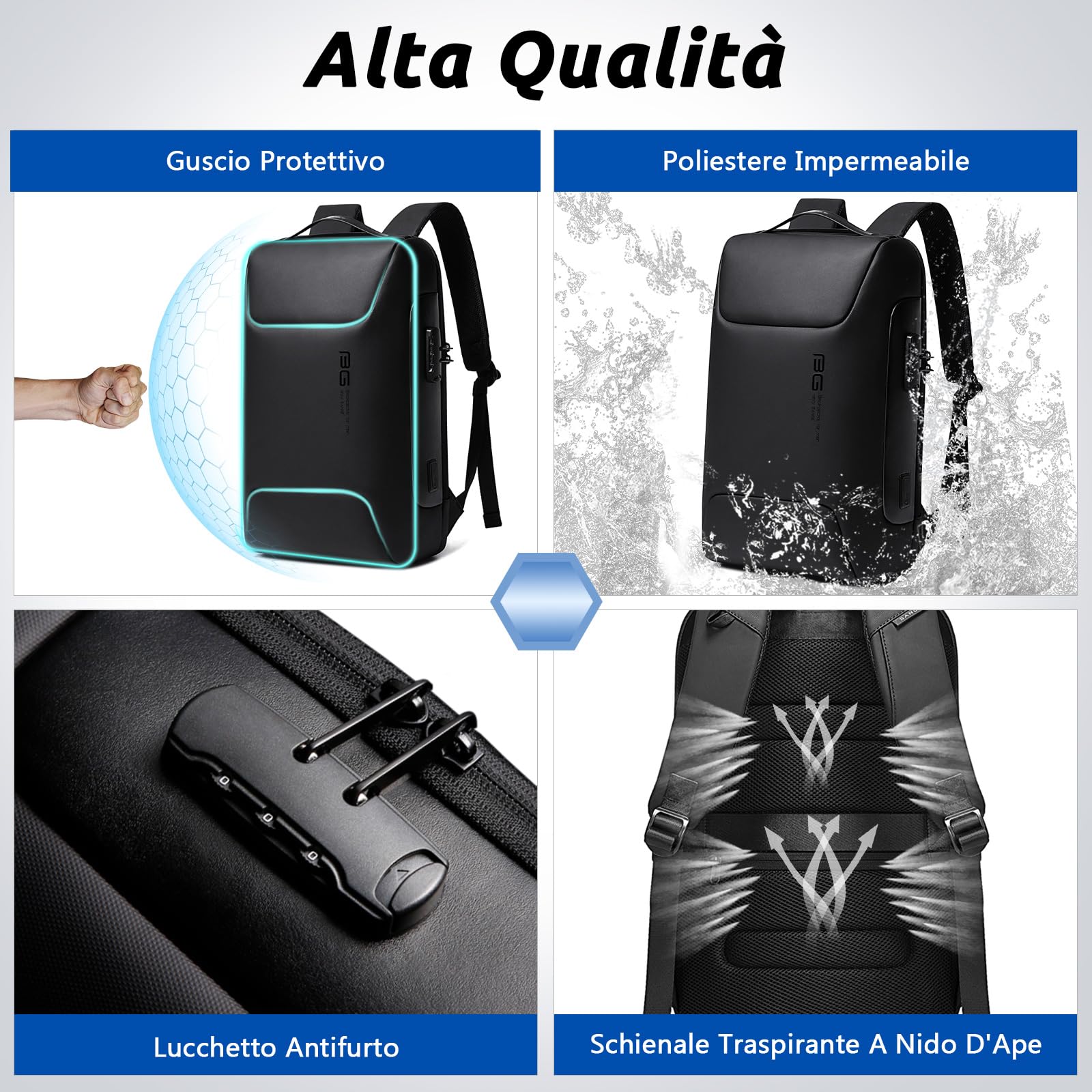 VARLIVOO Moda Uomo Zaino USB Port Parola d'ordine Serratura Antifurto Zainetto 15,6" Laptop Uomo Borse Lavoro Viaggio Scuola Impermeabile Polyester Nero