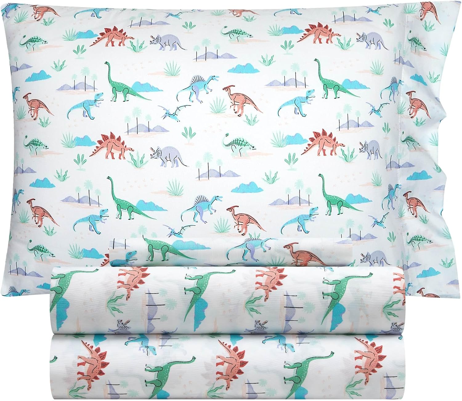 Heritage Kids 3-Piece Twin Sheet Set, Dinosaur Land Print,Includes Top Sheet, Fitted Sheet & Pillowcase, Kids Bedroom