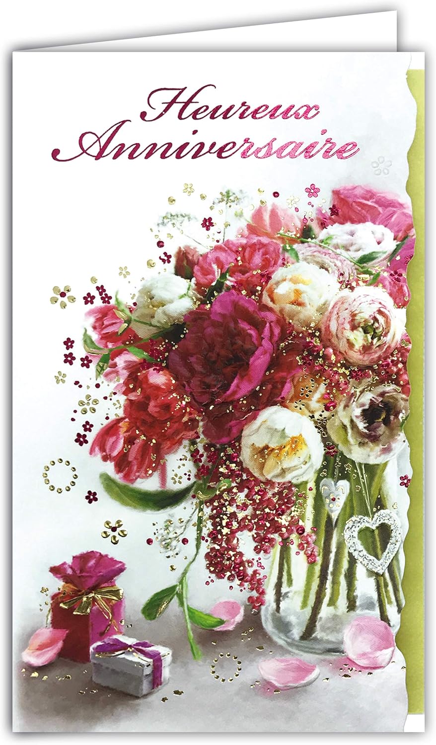Happy Birthday Card Bouquet of Pink Flowers Peony Gifts Gold Embossing Paper Shiny Cut