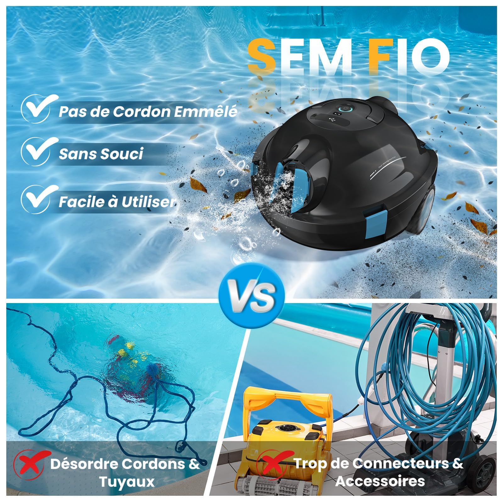 Robot Piscine, Robot Piscine sans Fil Y10 | Aspirateur Automatique et Puissant, 120 Minutes d'Autonomie & Auto-Stationnement, Conçu pour Bassins Enterrés et Piscines à Fond Plat jusqu'à 100 m²(Noir)