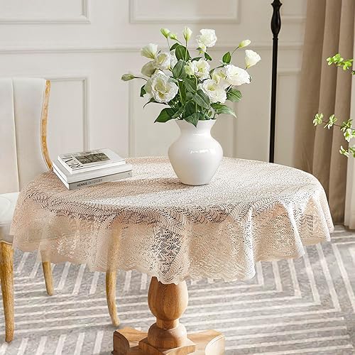 Warm Home Designs Mantel de encaje de lino dorado. Mantel redondo grande de 70 pulgadas de diámetro. Mantel floral, mantel rústico o mantel bohemio