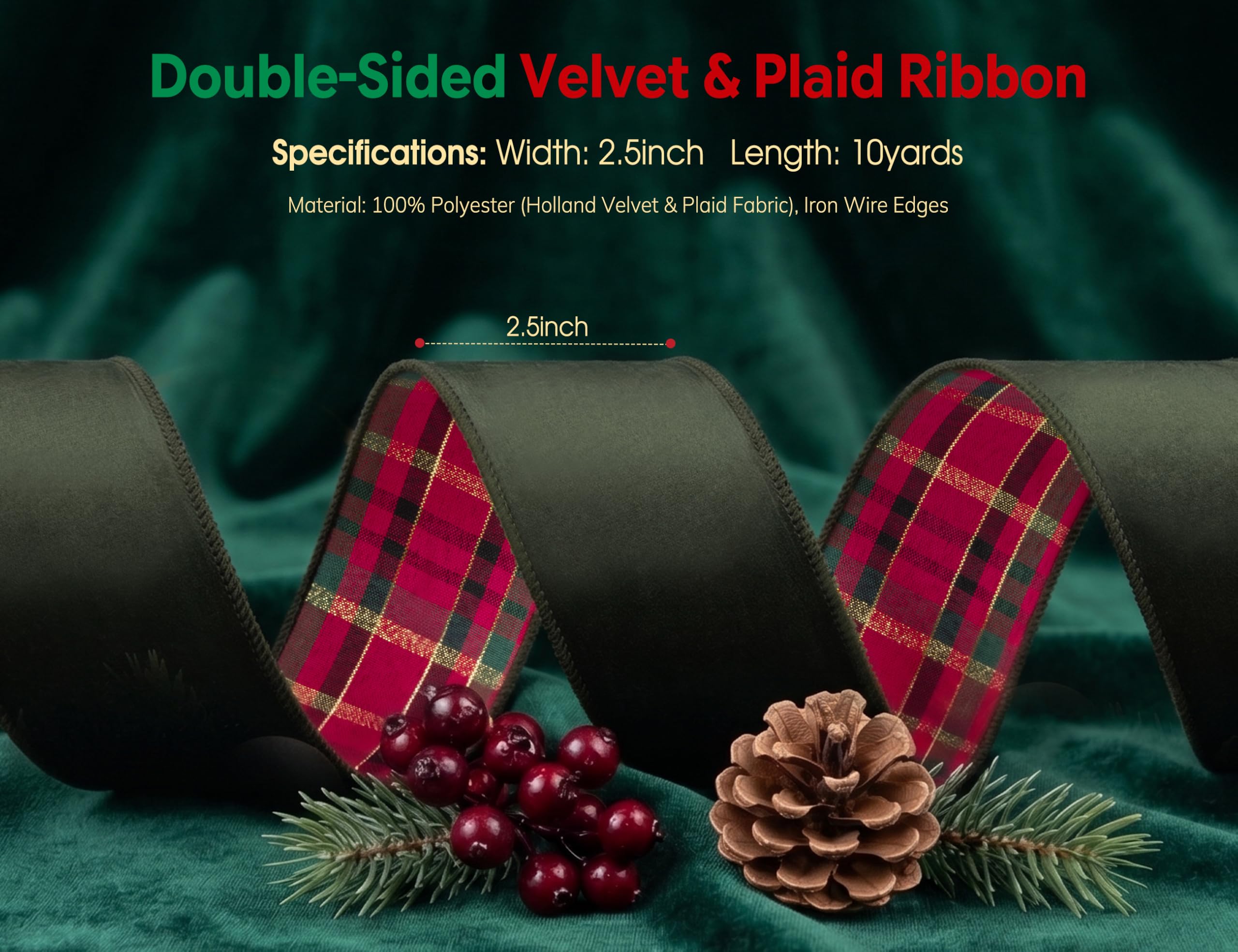 Keypan Samtband Moosgrün Weihnachts Karoband Draht Geschenkband 6,3cm
