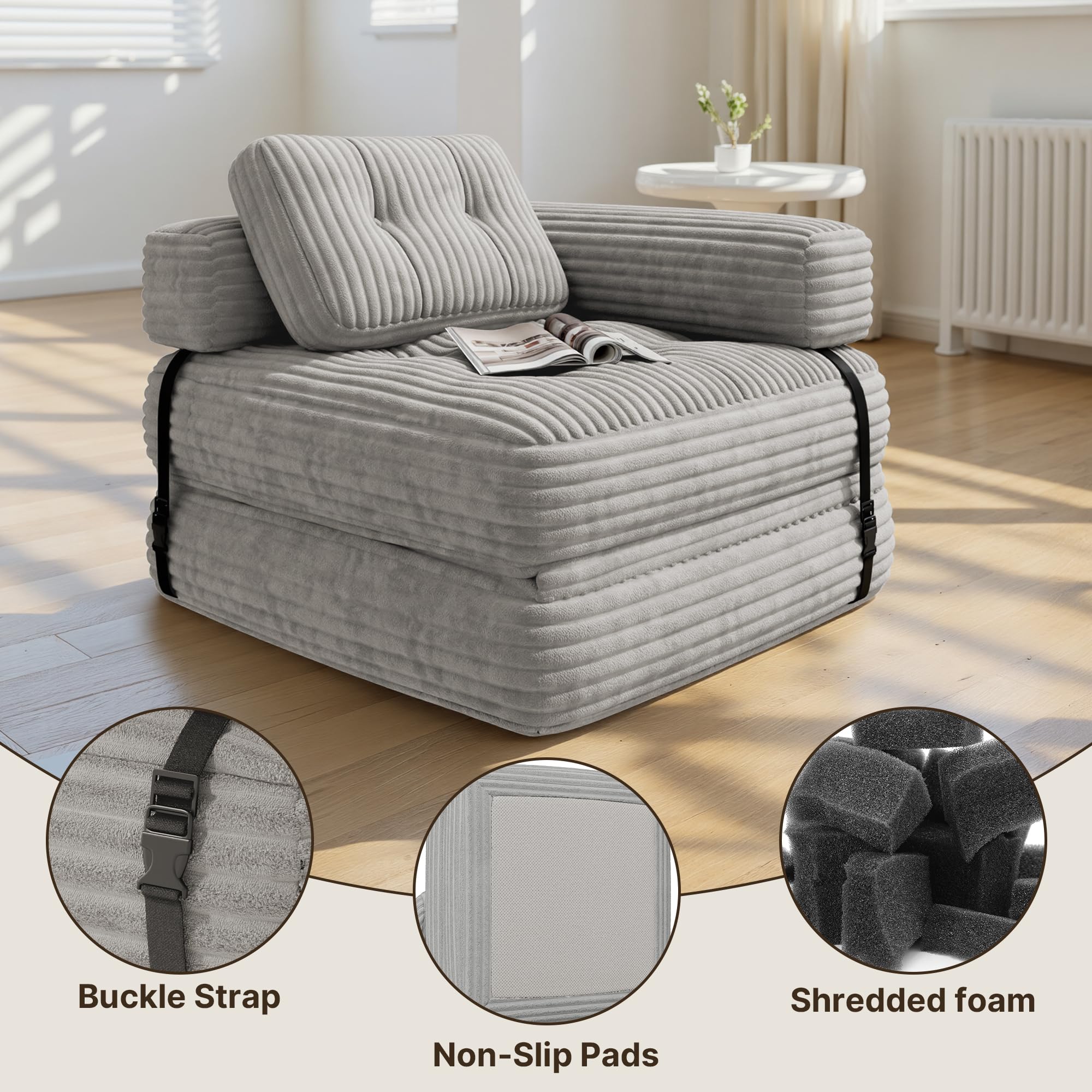 Xbro Sofá Cama Plegable con Reposabrazos en L, Sillón Convertible en Cama 2 en 1 Portátil para Espacios Pequeños, Tela de Pana con Relleno de Espuma, 170 x 85 cm Desplegado (Gris Claro)