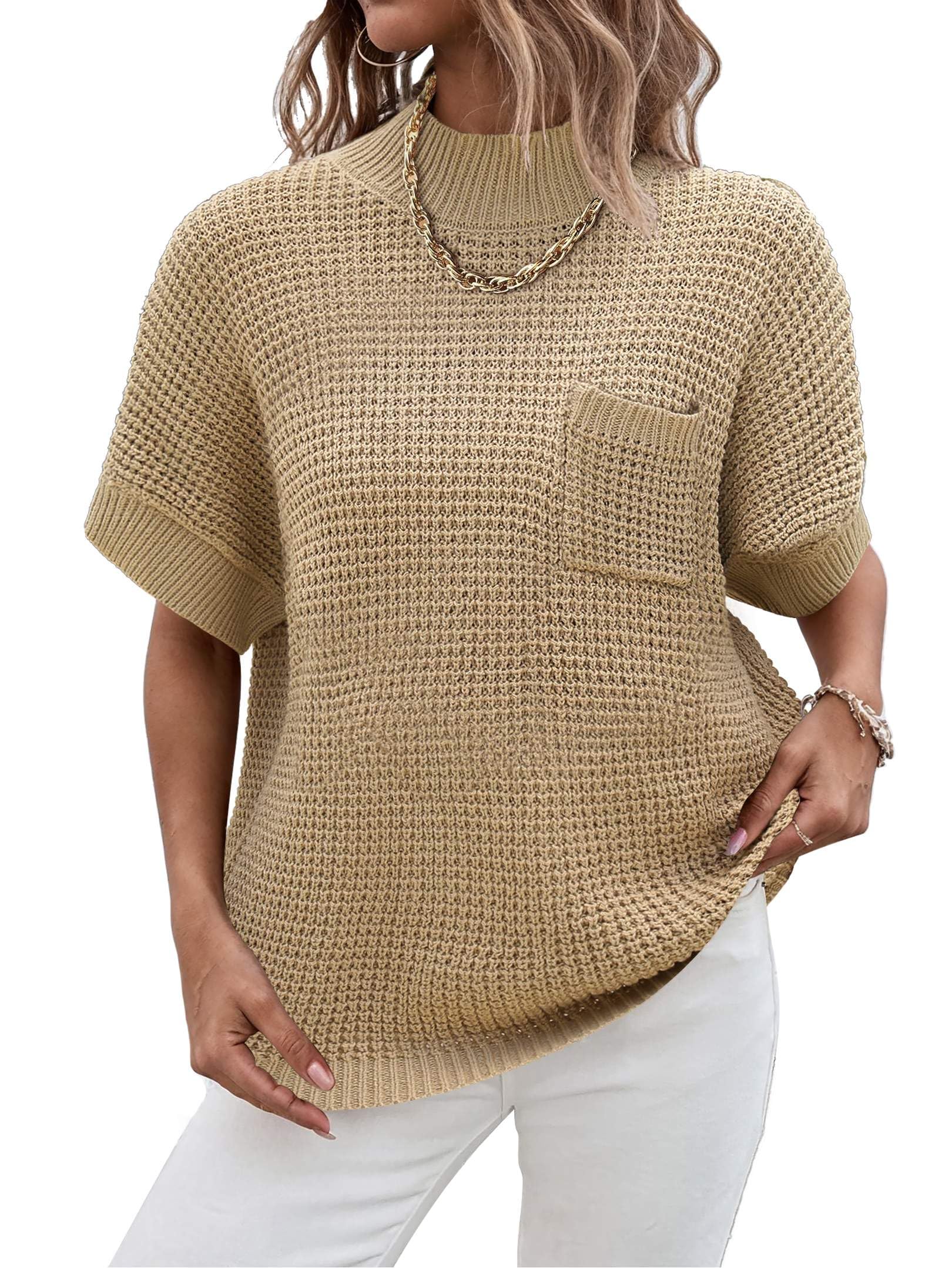 Women 2026 Sweater Vest Mock Neck Batwing Short Sleeve Oversized Ribbed Knit Tops Fall Pullover Sweater S-XXL