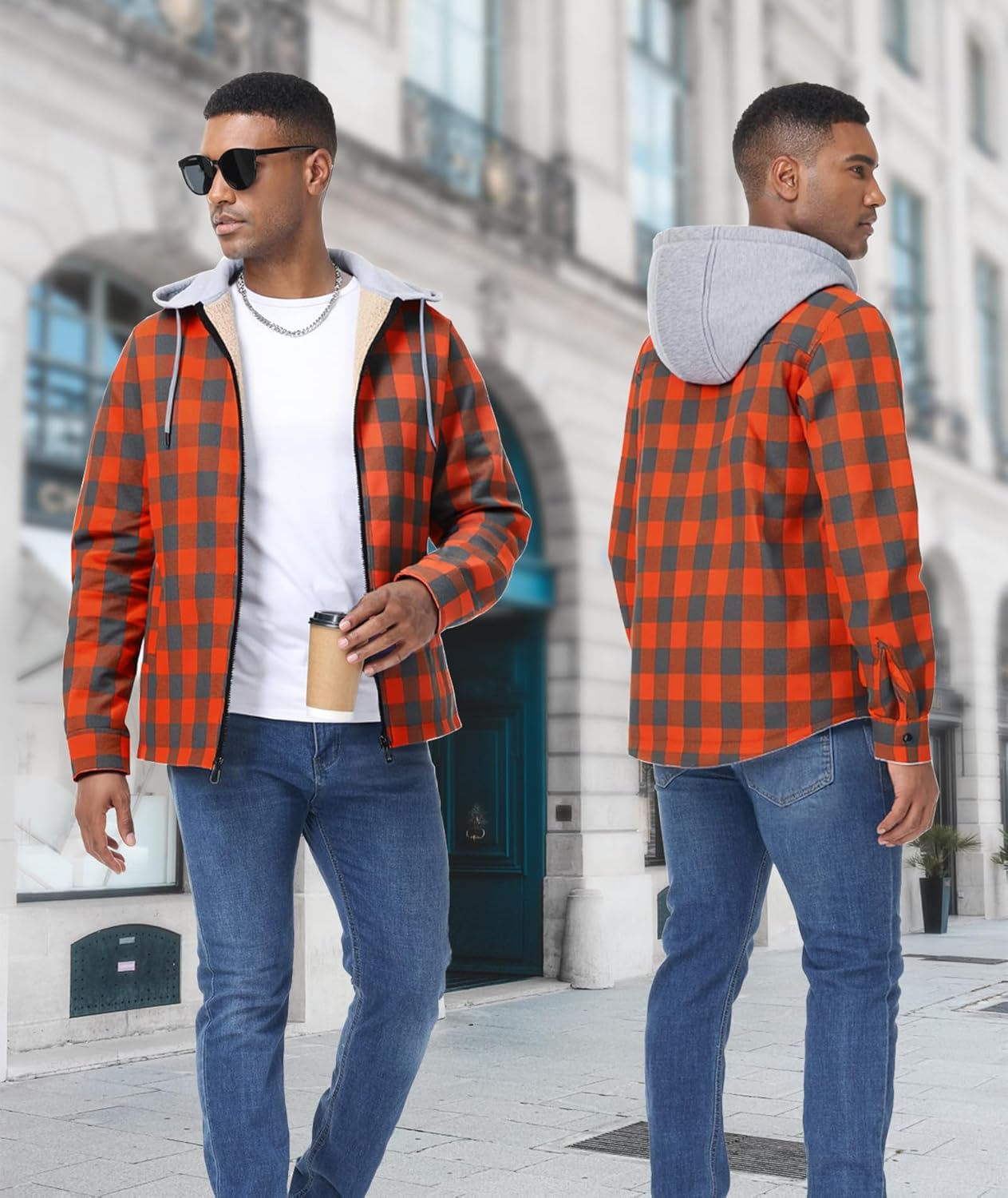 ZITY Flannel Jacket for Men Fleece Plaid Shirts Hoodie Zip Up Sherpa Lined Winter Warm Coat - Image 2