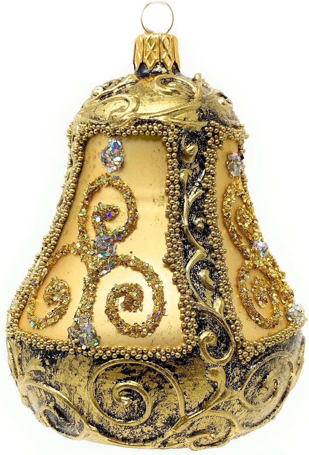 Christmas Bell Ornament 4-Inch Blown Glass (Gold Embellished)