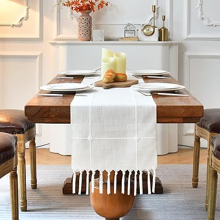 Wracra Embroidery Table Runner Farmhouse Style Off White Table Runners 72 inches Long with Hand-Tassels, Vintage Lattice Table Runner for Holiday Parties and Everyday Use (Off White, 72