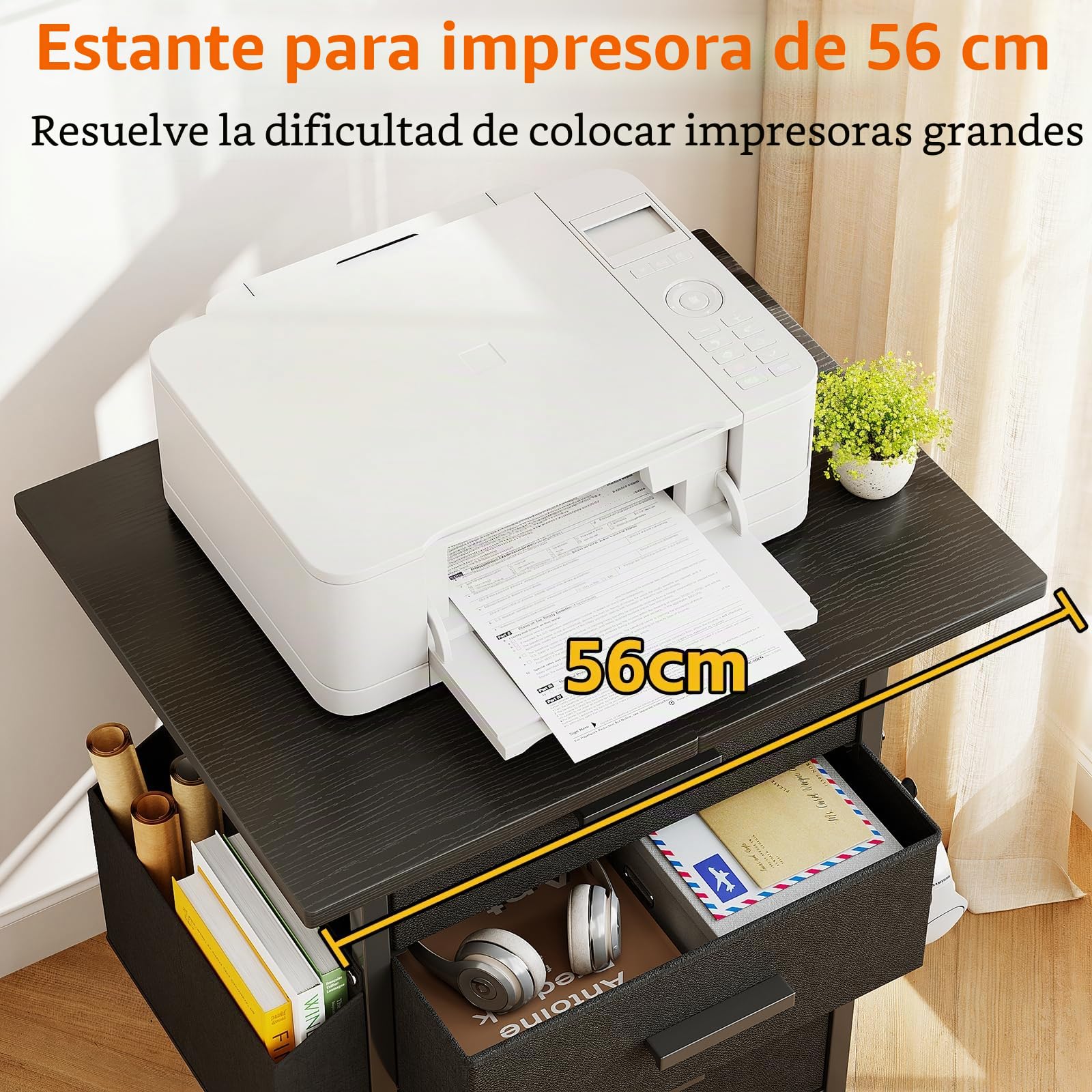 CAIYUN Archivador con Ruedas con 3 cajones y Ruedas para Documentos A4, tamaño Carta, Soporte para Impresora con un Ancho de 56 cm, diseño Industrial, Color Negro