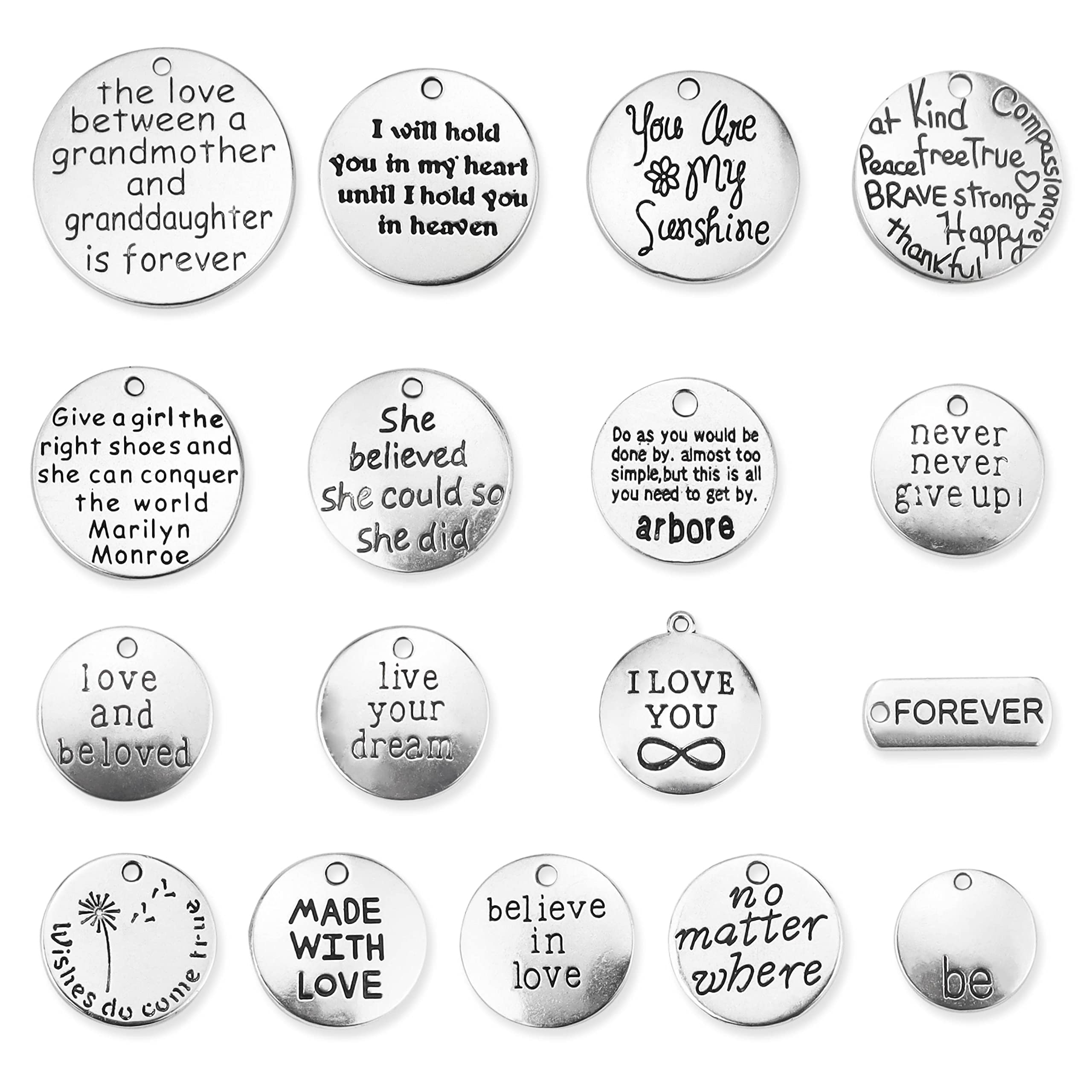 YETOOME Round Inspirational Message Sayings Charms, Silver Words Charms Craft Supplies Mixed Pendants Beads Charms for Crafting Jewelry Making, 34 PCS 105 Gram, alloy