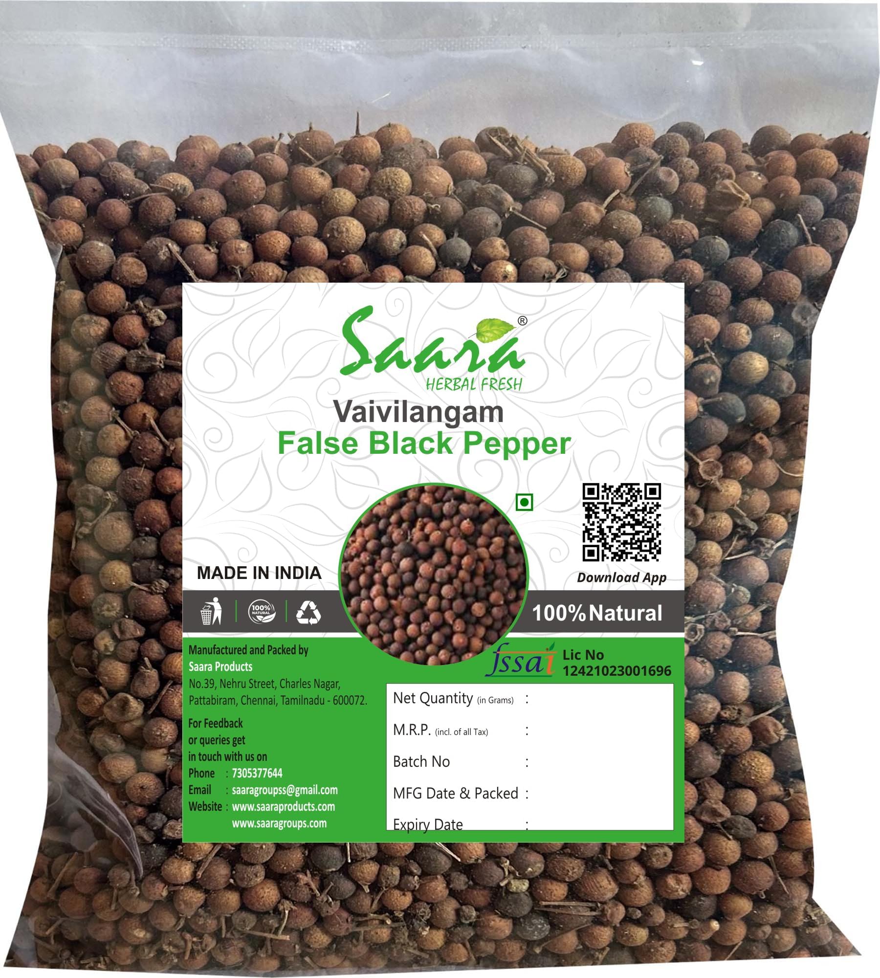 Saara HERBAL FRESH Vaivilangam, 100g, False Black Pepper, Baibadang, Vidanga, Embelia Ribes, Vayuvilamgam Seeds, Vivadang Black, 100 Grams
