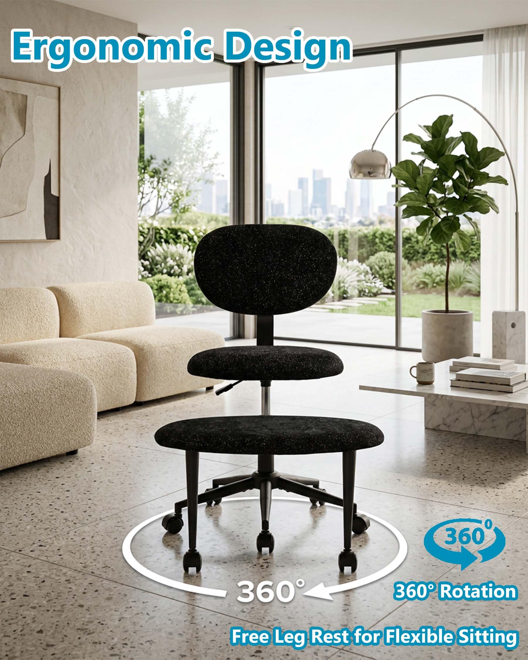 hitsuki Silla de Oficina sin Reposabrazos Silla Ergonómica de Escritorio con Reposapiés Giratorio 360° Silla Ajustable en Altura con Ruedas para Teletrabajo Negra Brillante