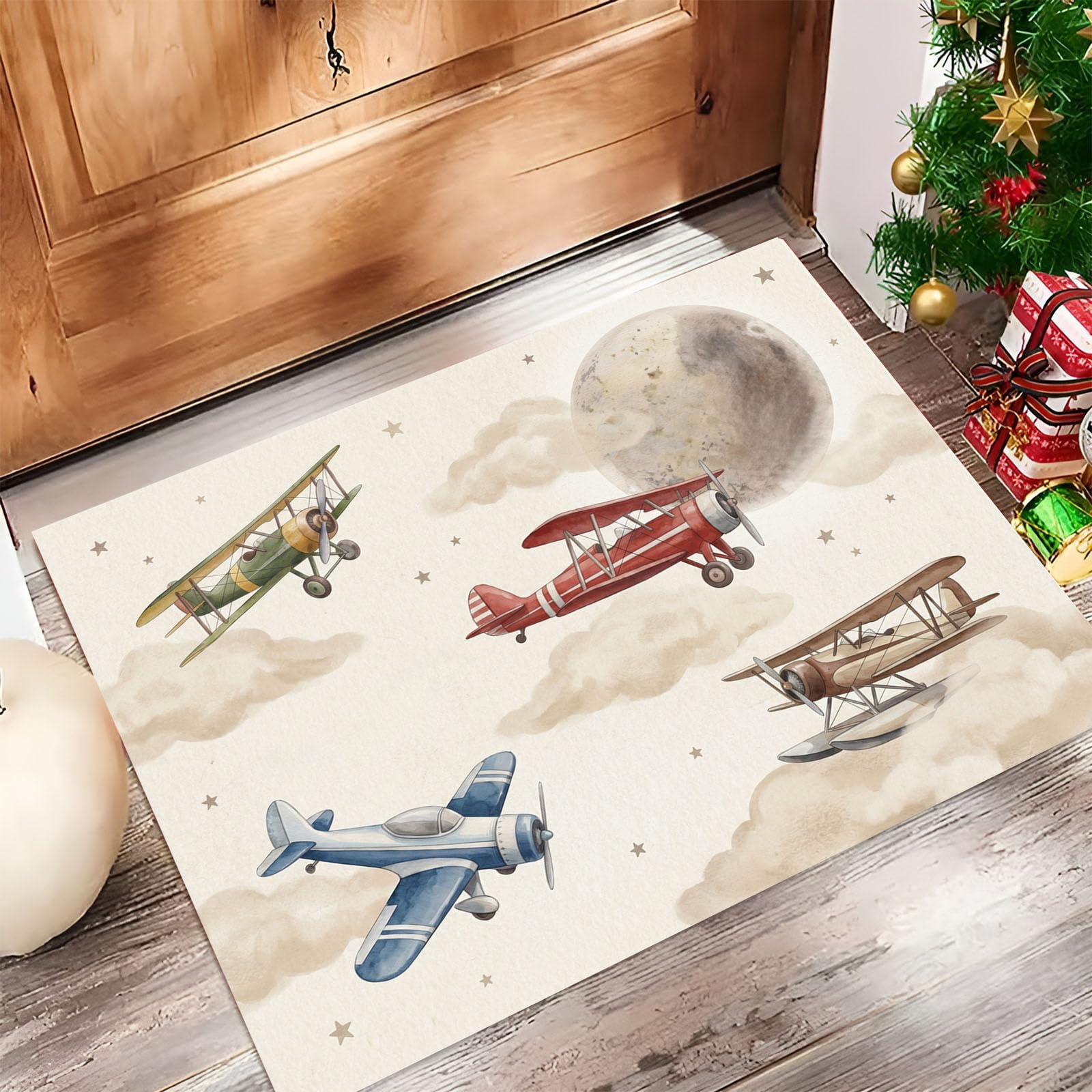 Felpudo de Entrada 80x120cm, Alfombra Estilo De Aviación Retro Atrapapolvo Alfombra Nubes De Avión Antideslizante Lavable, Alfombrilla con Microfibras Suaves Absorbentes para Puerta, Pasillo, Crema