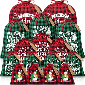 16 PCS Christmas Drawstring Gift Bags with Tags, Buffalo Plaid Large Xmas Gift Bags Assorted Sizes Bulk, Cotton Fabric Holiday Gift Bag Jumbo Medium Small Xmas Wrapping Bag for Presents Party Favors