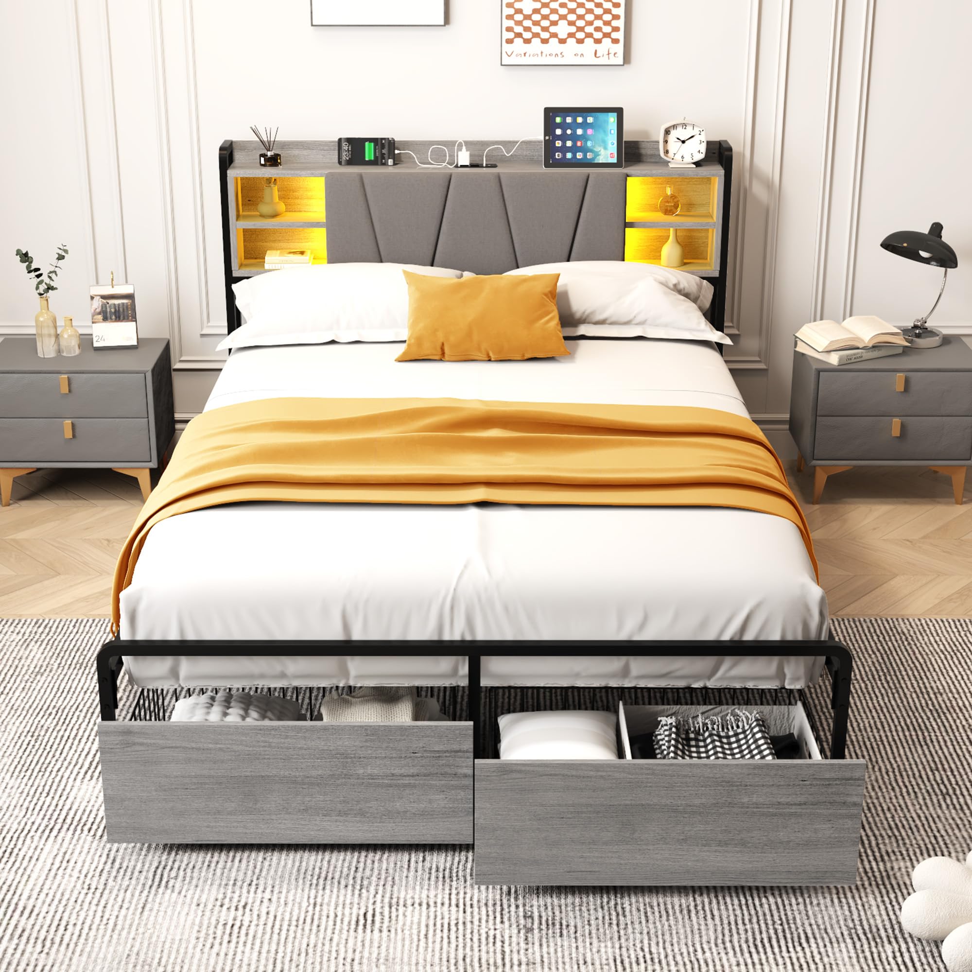 SIKHST Full Size Bed Frame with Storage Headboard and Charging Station, Platform Bed with LED Lights and 2 Drawers, Heavy Duty Metal Slat Support, No