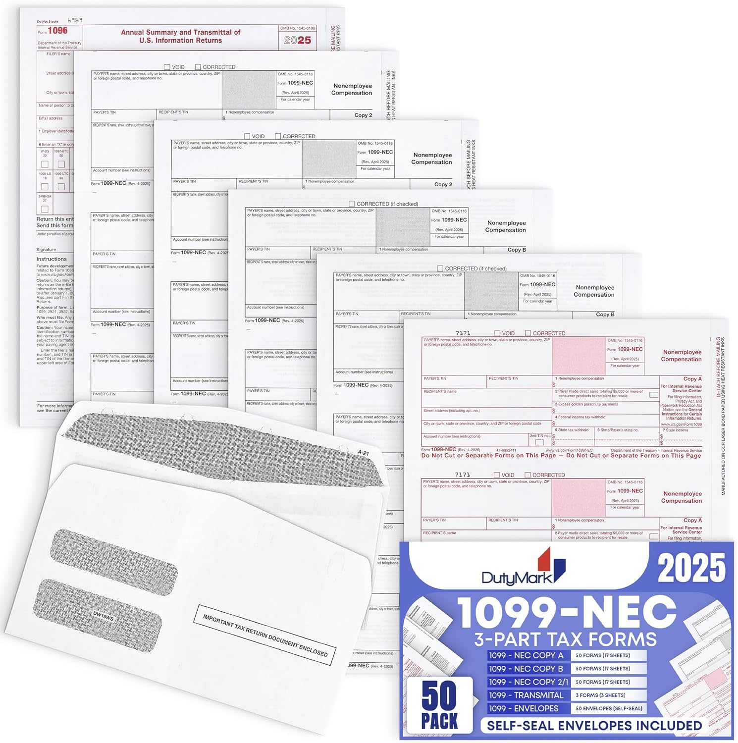 1099 NEC Tax Forms 2025, 3 Part of Laser NEC Tax Forms, 50 Pack and 50 Self-Seal Envelopes, Pack Included Federal/State Copy's, 1096's –Great for QuickBooks and Accounting Software, 50 Pack