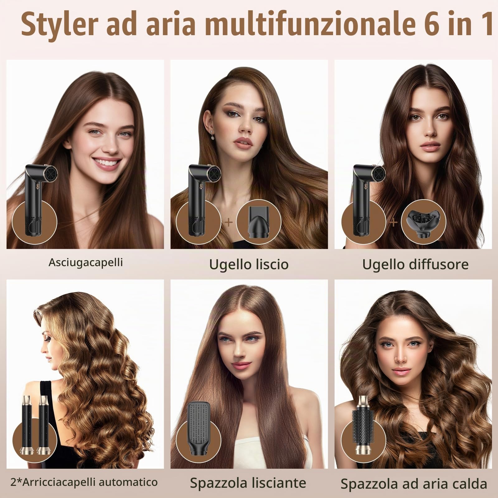 Spazzola Ad Aria Calda 1000W, Spazzola Asciugacapelli Multifunzione, Air Styler Pieghevole, Asciugacapelli, Spazzola Rotonda, 2 Ferro Arricciacapelli, 3 Temperature, per Asciugare, Lisci