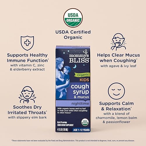 Miniatura 3 de Mommy's Bliss Jarabe orgánico para la tos y alivio de la mucosidad para niños, agave y miel, hoja de hiedra, zinc, vitamina C, + mezcla nocturna de