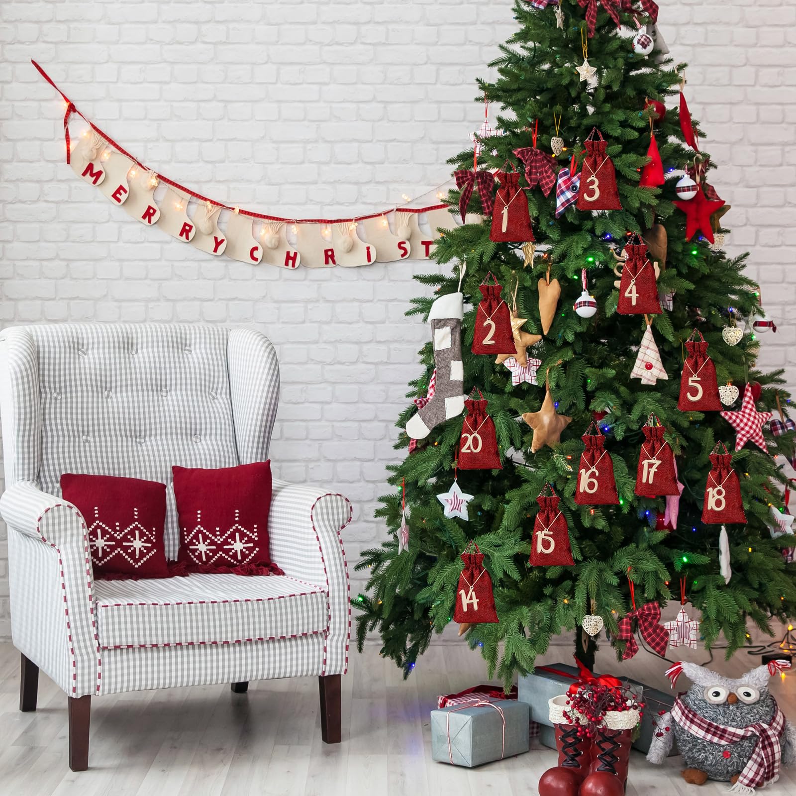 Calendrier de Noël à Remplir 24 Pièces Sacs pour Calendrier de l'Avent Vide DIY Cadeaux Pochon Tissu