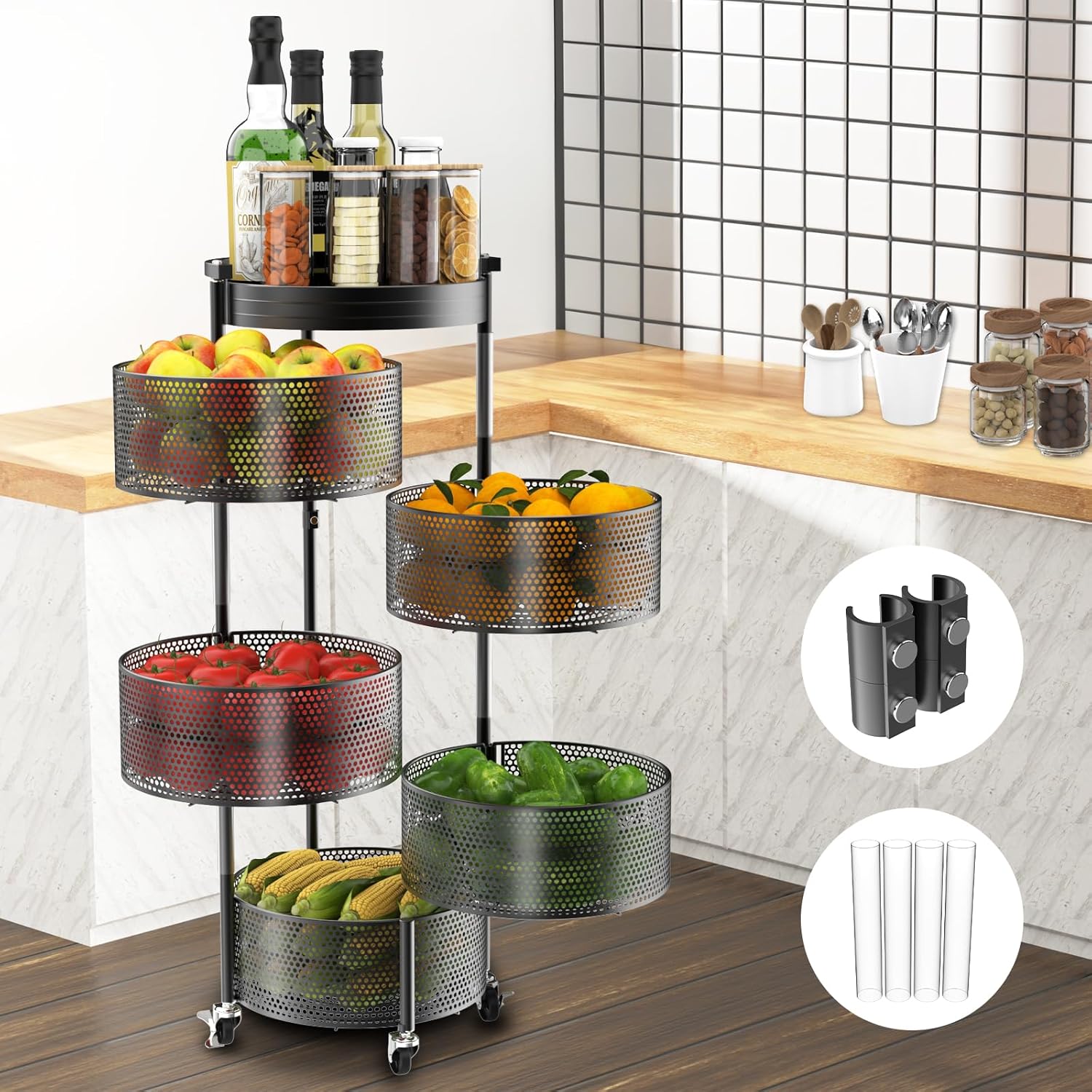 Amundo Fruit and Vegetable Basket Bowls for Kitchen,5 Tier Rotating Storage Rack Cart With Metal Top Lid,Double fixing ?Metal Support Wheels Kitchen Storage Rack For Potato Onion Bread Banana,Black