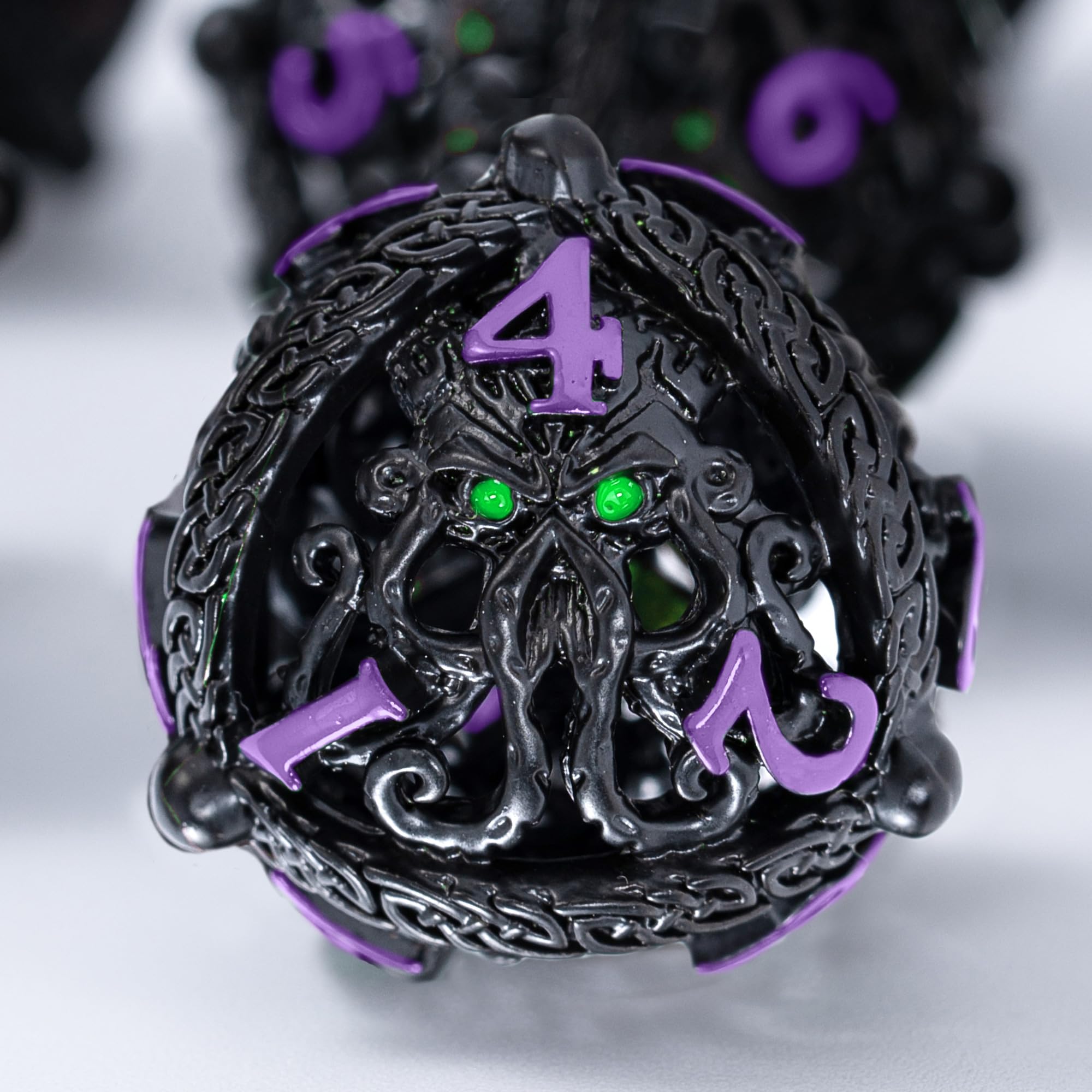 Metal Dice Set for DND - Unique Round Hollow Orb Design for Better Rolling - Cool Cthulhu Dice for D&D Role Playing Games (RPG) - Stunning Set for Dungeons and Dragons (Black Purple Green Eyes) โ image 1