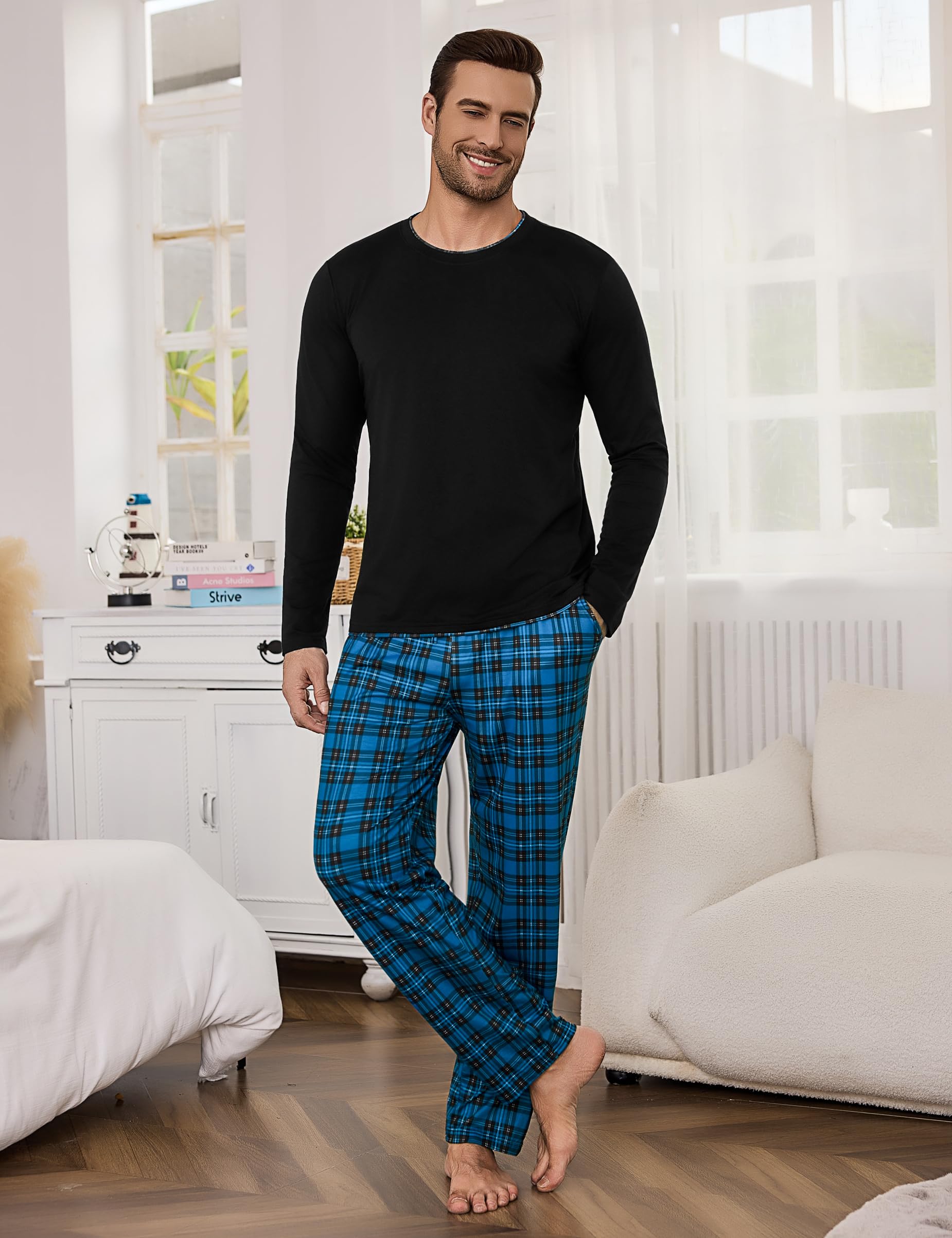 Litherday Pigiama Uomo Invernale Cotone Lungo Pajamas Due Pezzi Maniche Lunghe Pantaloni Lunghi Pigiami Morbido Loungewear con Tasche