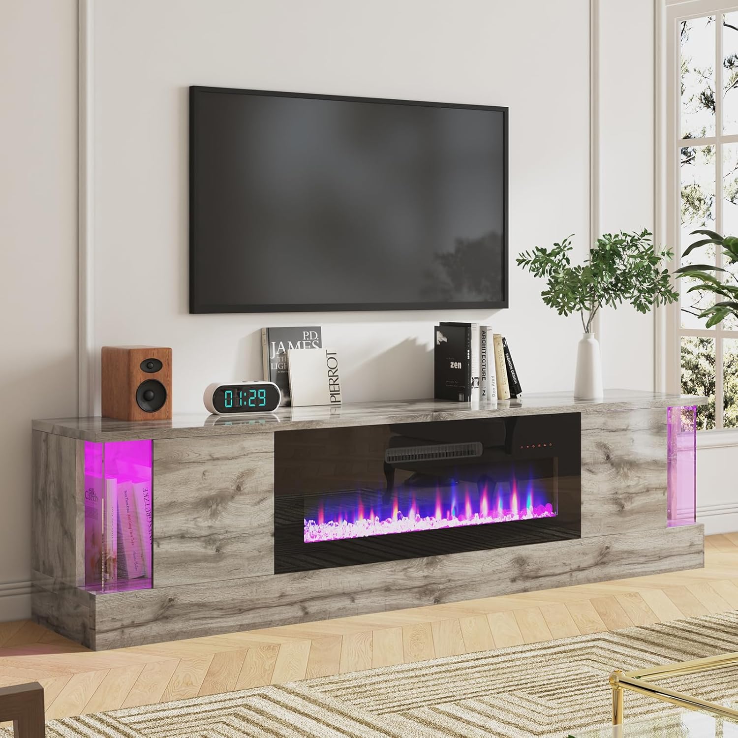 LUXOAK 80" Fireplace TV Stand with 40" Electric Fireplace, Modern Wood Grain High-Gloss TV Cabinet for Living Room, LED Entertainment Center with Flip-Down Doors for TVs up to 90", Grey