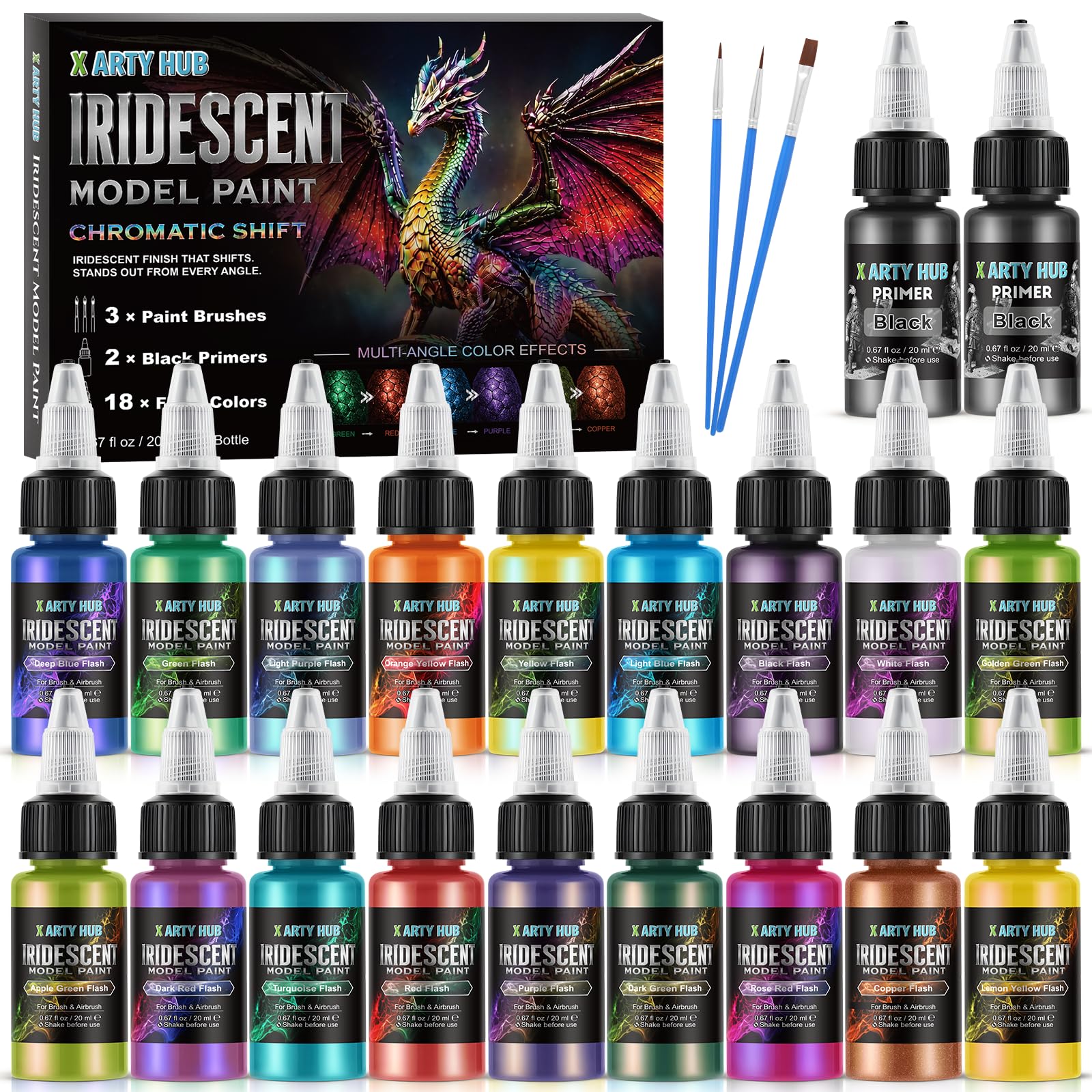 X ARTY HUB Iridescent Model Paint Set, 18 Colors, 2 Primers with 3 Brushes