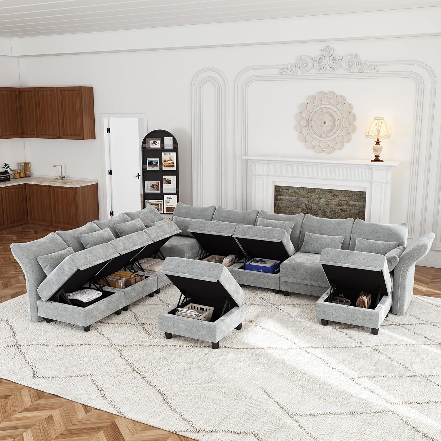 LLappuil 10 Seater Modular Sectional Sofa with Storage Ottoman Large U Shaped Chenille Sectional Couches for Living Room 153.4" Wide, Grey