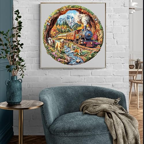 Miniatura 2 de KAAYEE Rompecabezas de madera para adultos, efecto visual 3D, perros que corren contra trenes, rompecabezas de madera de forma única, rompecabezas