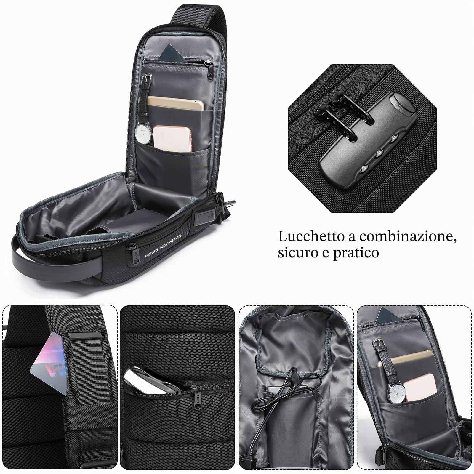 FANDARE Borsa a Tracolla Anti-Ladro Uomo e Donna, Borsa a Tracolla con Porta USB di Ricarica, Borsa da Petto Impermeabile, Zainetto da Spalla per Escursionismo Ciclismo Corsa Viaggio