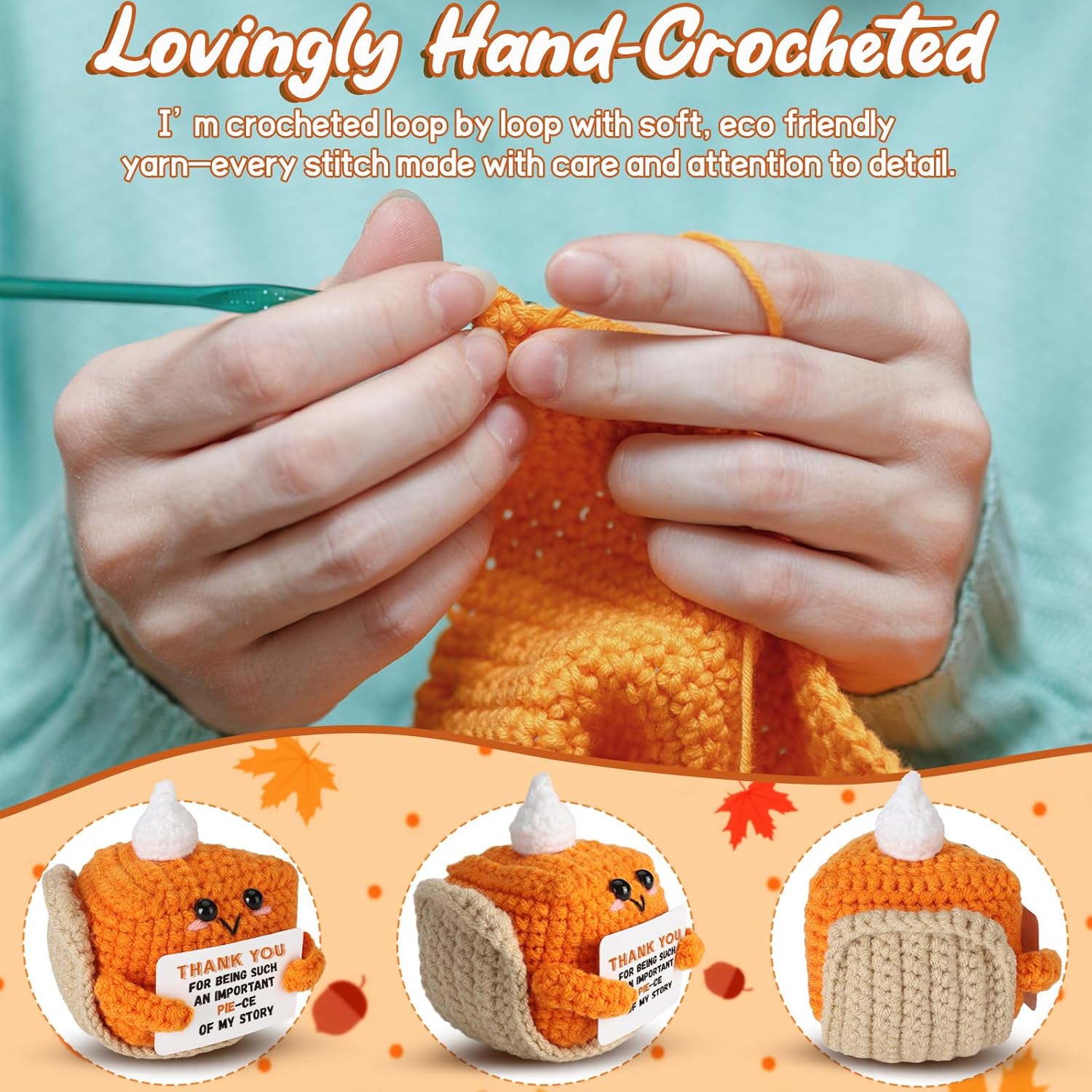 Thank You Gifts for Women, Mini Crochet Pumpkin Pie Plush Birthday Gifts for Female Men Friends，Halloween Thanksgiving Christmas Stocking Stuffer Emotional Small Cute Decorations - Image 3