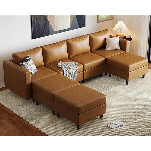ABCASA Faux Leather Modular Sectional Sofa 118.5", 7 Seater U Shaped Couch with Storage Seat with Reversible Chaise Deep Seat for Living Room Brown