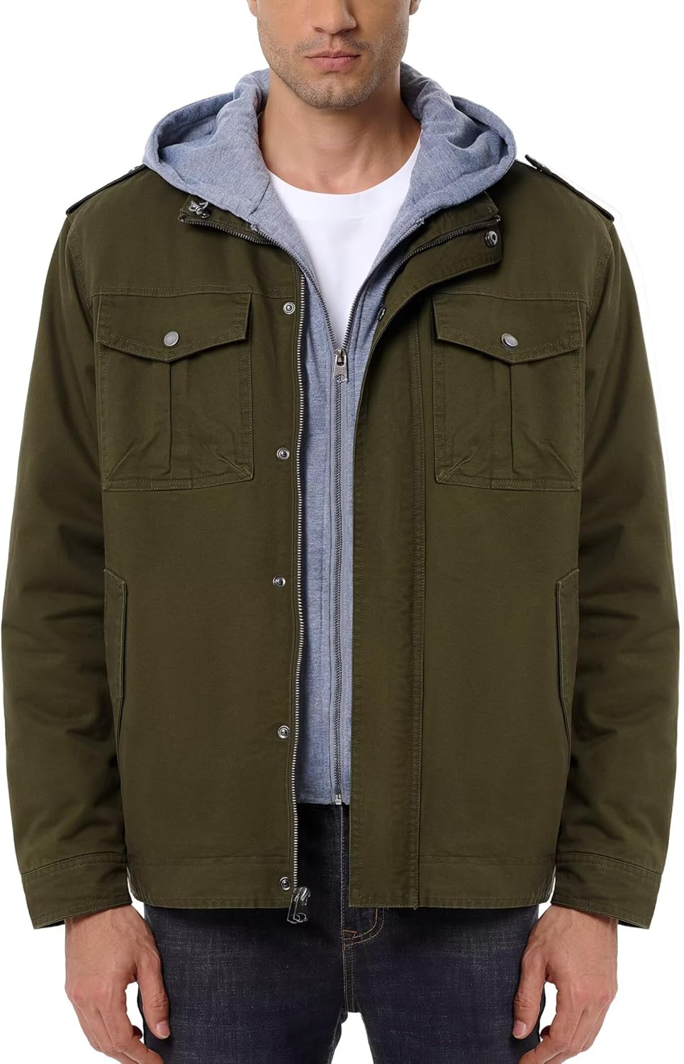 Men’s Winter Military Casual Jacket with Removable Hood Sherpa Lined Cotton Fleece Cargo Coat for Fall and Work
