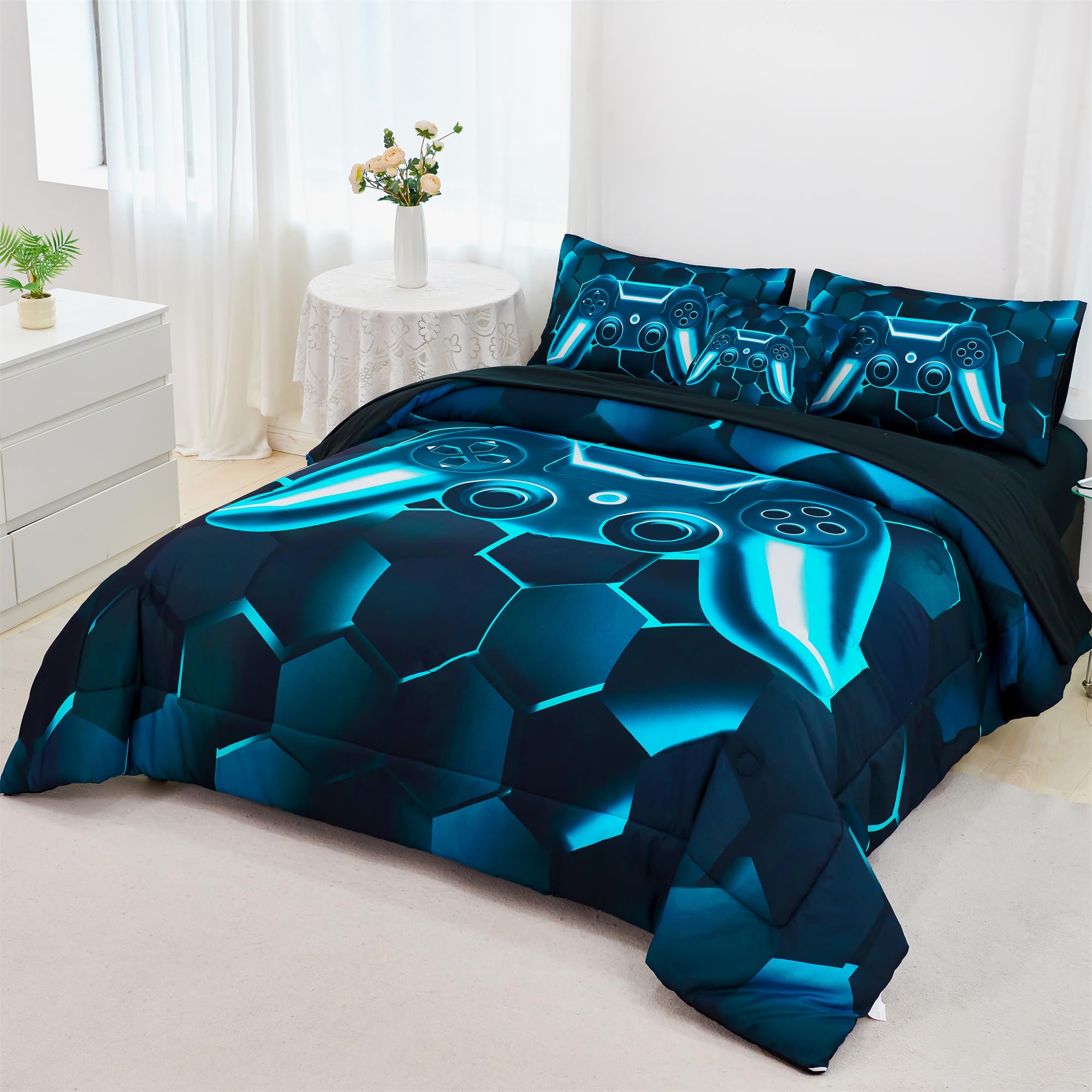 RYNGHIPY Gaming Bedding Set for Kids Boys Girls 6 Pieces Gamer Bed in a Bag Queen Size Cool 3D Game Console Comforter Set with Sheets (Teal,Queen)