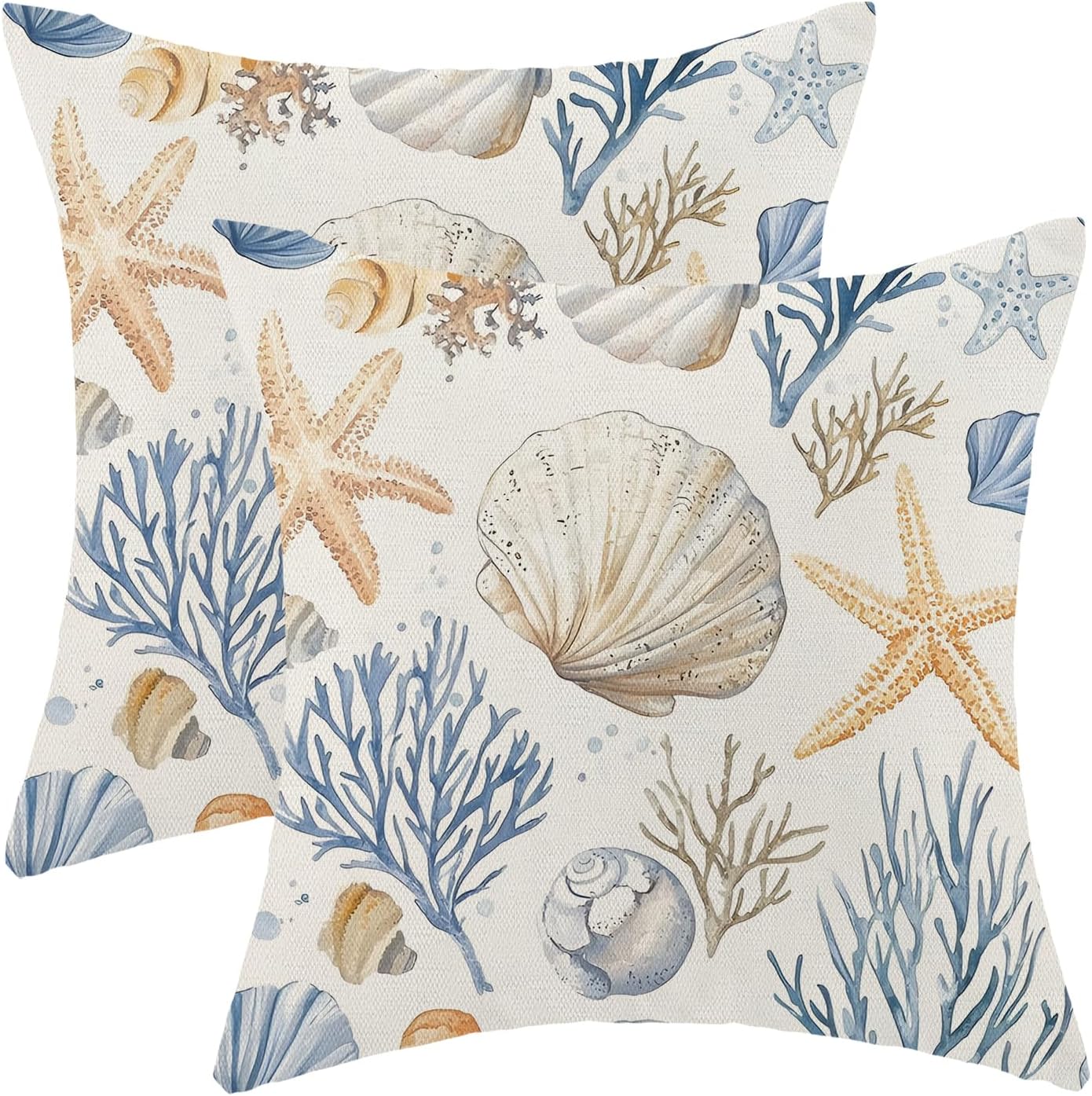 Sorktse Coastal Summer Pillow Covers 18x18 Inch Nautical Blue Coral Starfish Pillow Covers Set of 2 Spring Summer Ocean Beach Seashell Pillow Cases Outdoor Decor for Sofa Bedroom Linen Cushion