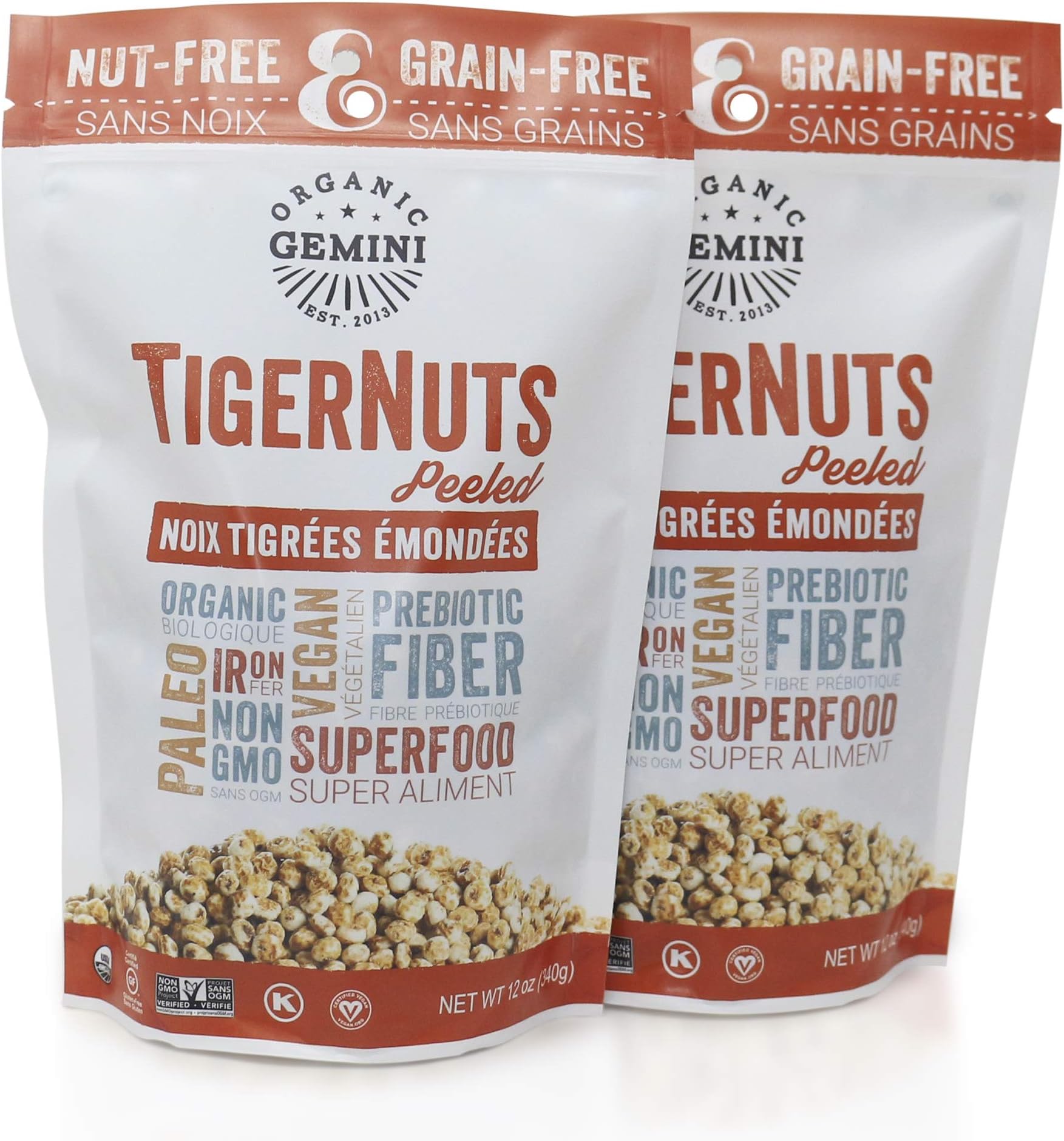 Tigernut Peeled – Ready to Eat Dry Tiger Nuts – Low Calorie Gemini Tiger Nuts 12oz (2-Pack) – Vegan, Gluten Free, High Fiber Raw Tiger Nuts – Organic